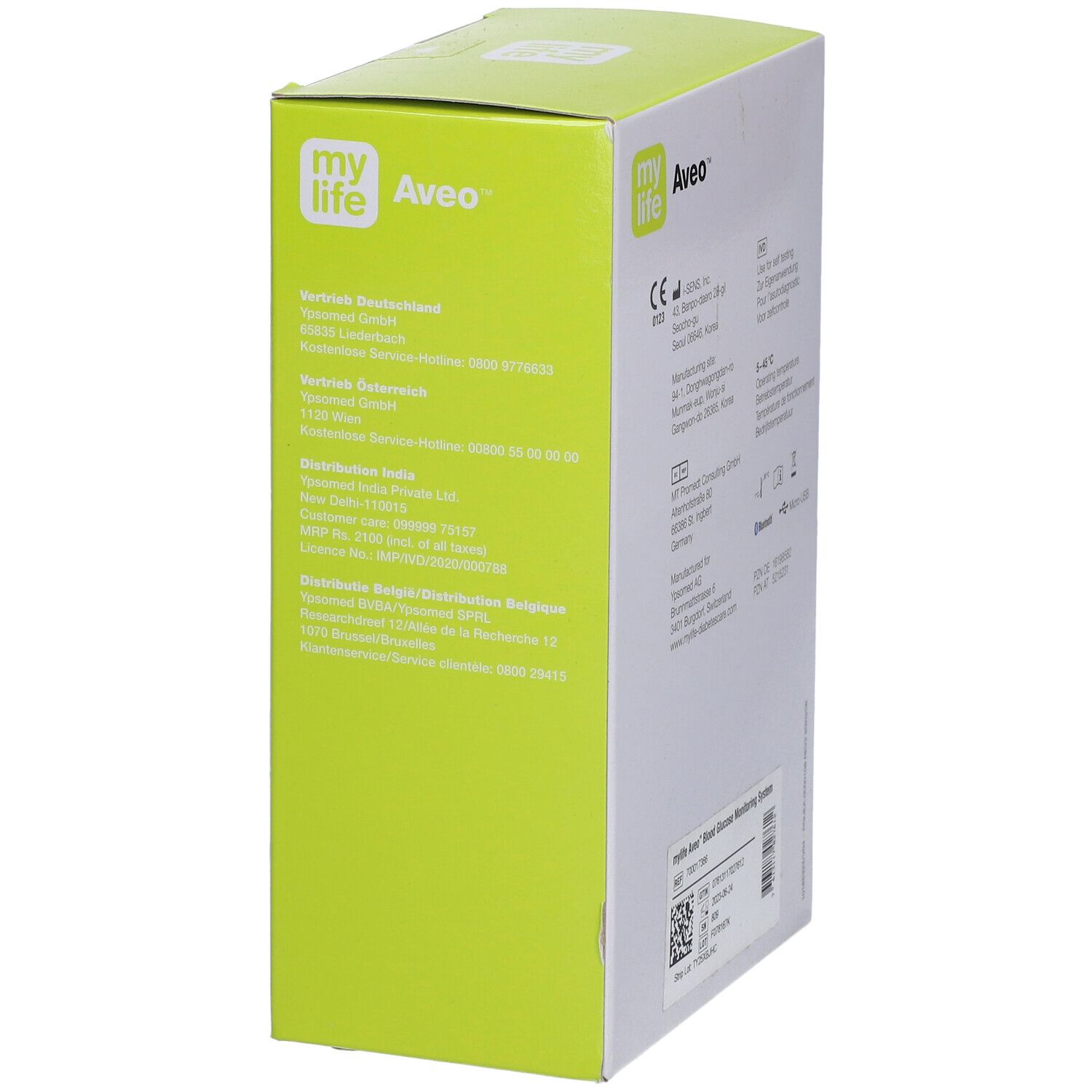 Lato della confezione mylife Aveo™. Informazioni su produttore, distribuzione e assistenza clienti.