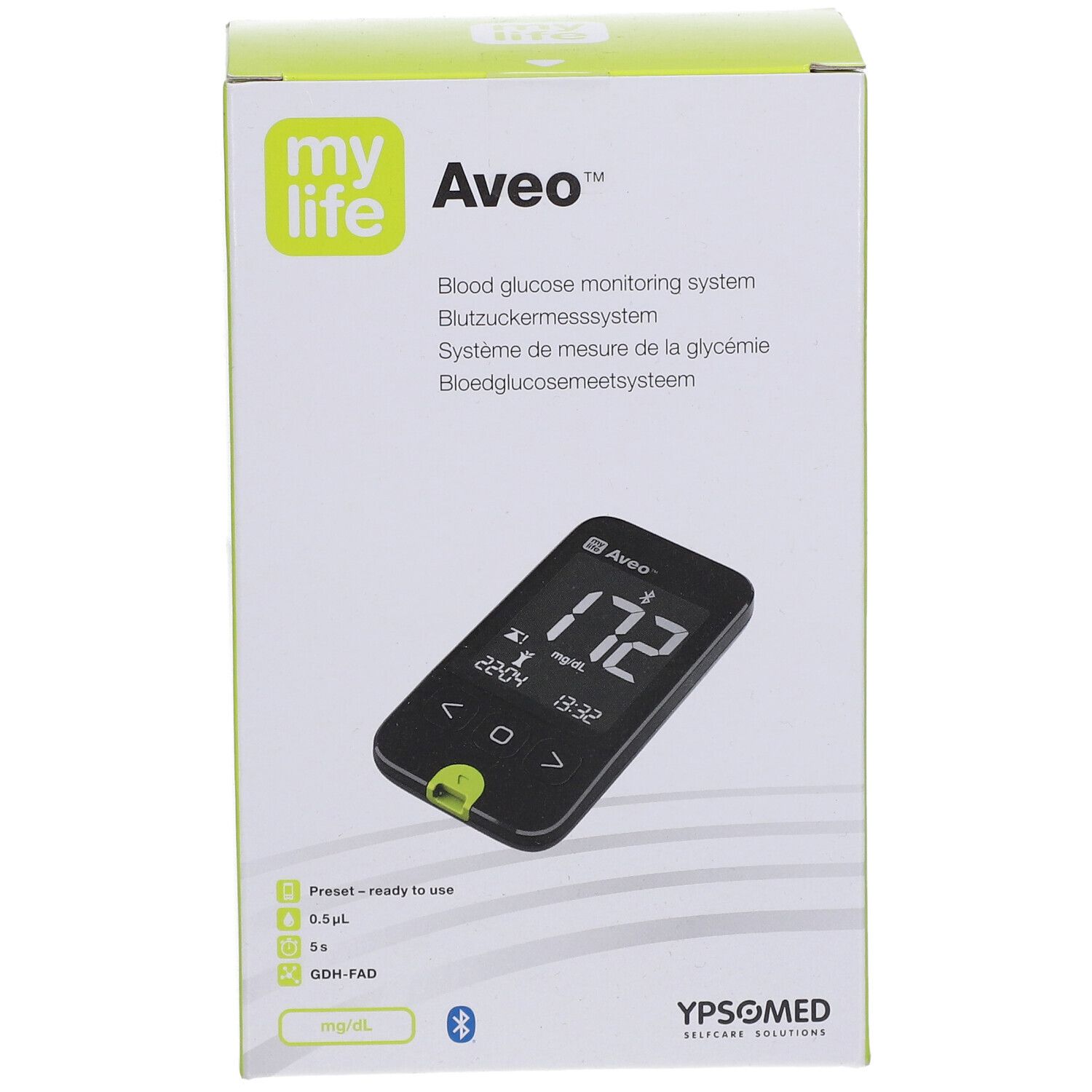 Confezione mylife Aveo™ sistema di monitoraggio della glicemia. Fronte con misuratore e display.