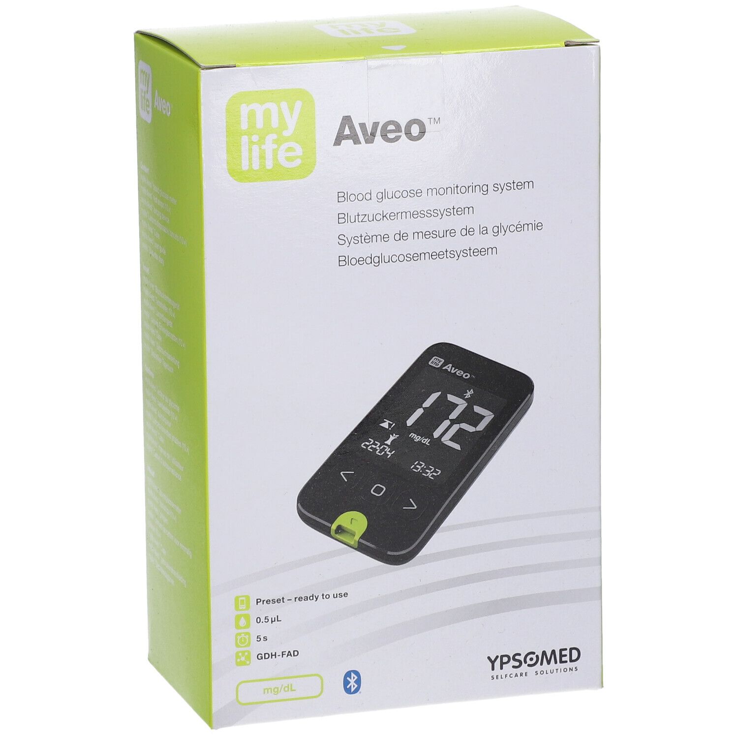 Confezione mylife Aveo™ sistema di monitoraggio della glicemia. Fronte con misuratore e display.