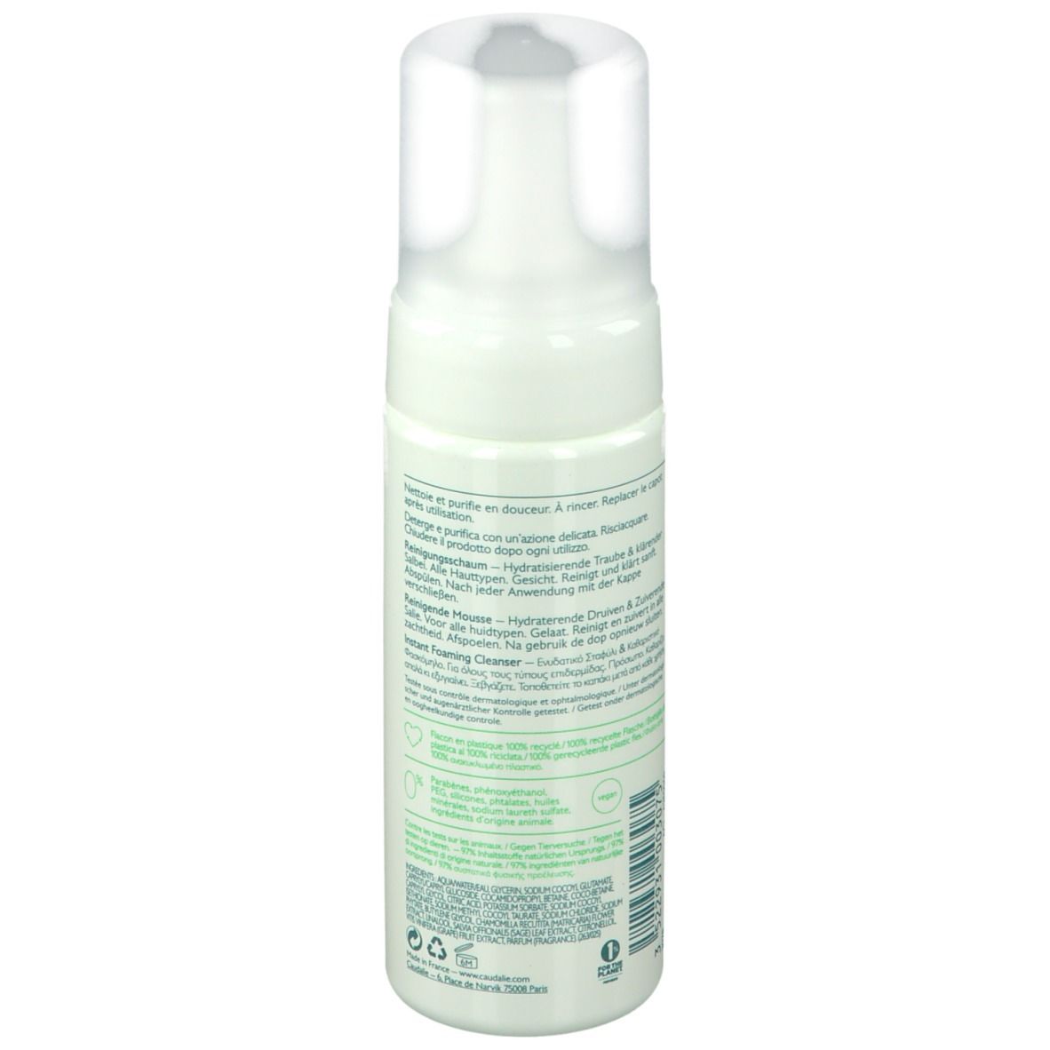 Flacone bianco con erogatore di schiuma e tappo trasparente. Etichettatura in italiano, tedesco e inglese.