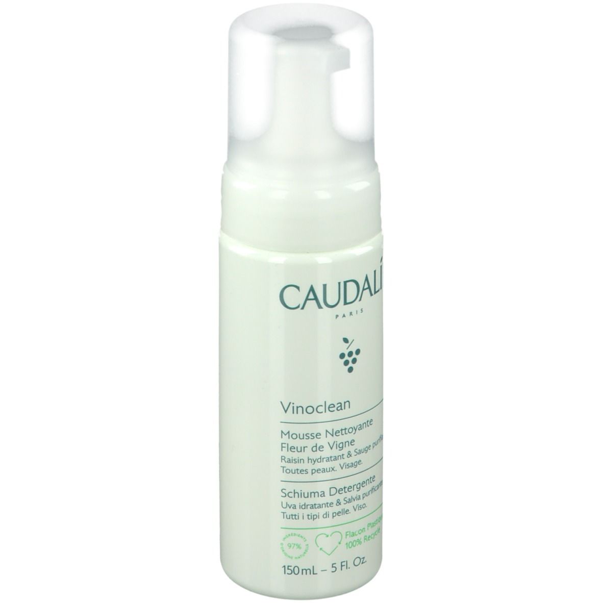 Flacone bianco con erogatore a pompa, schiuma detergente Caudalie Vinoclean, 150ml.