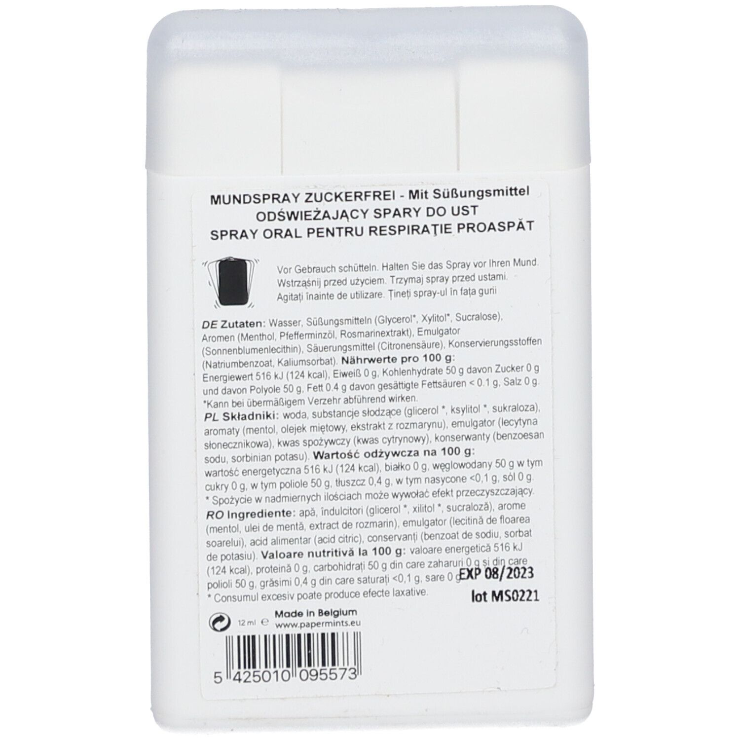 Retro della confezione bianca di spray orale PaperMints. Testo: Mundspray Zuckerfrei, ingredienti, data di scadenza, numero di lotto e codice a barre.
