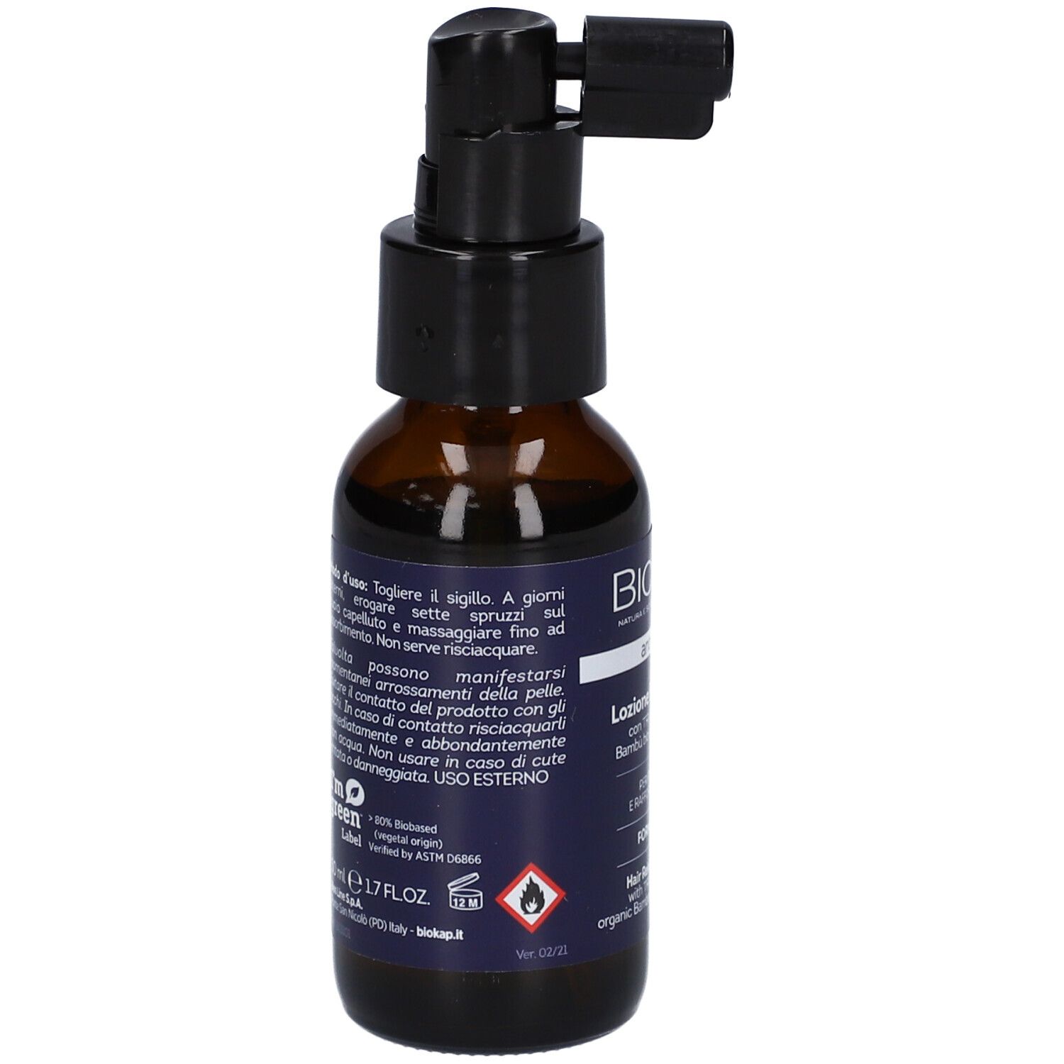 Flacone in vetro marrone con erogatore spray nero ed etichetta informativa.