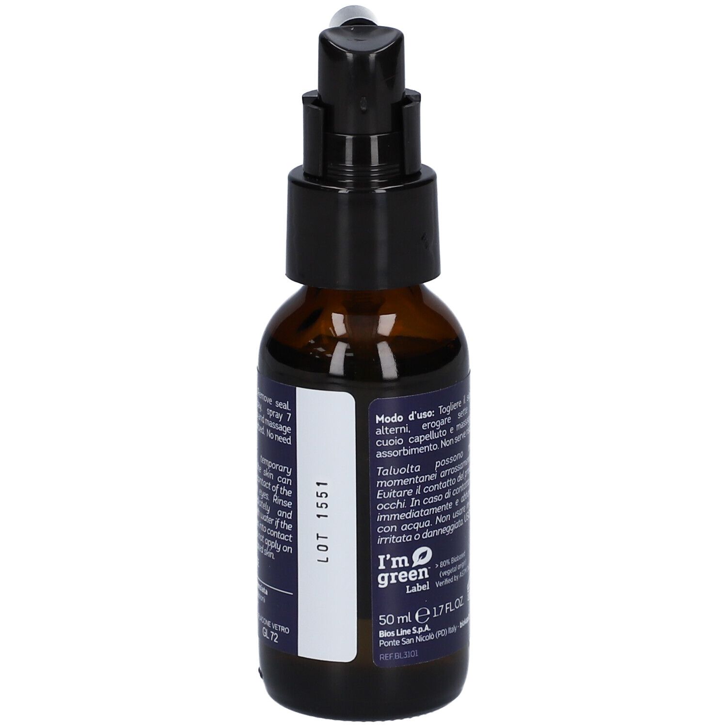 Flacone in vetro ambrato con dispenser nero e applicatore. Contiene 50 ml.
