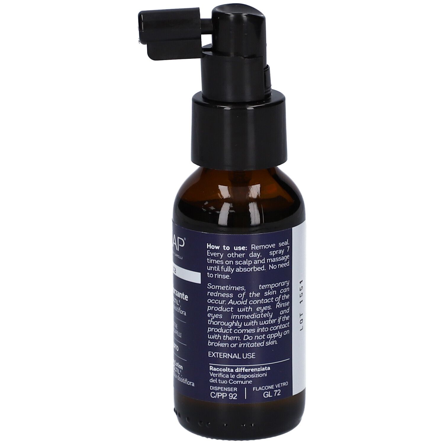 Flacone in vetro marrone con erogatore spray nero e applicatore. Etichetta con istruzioni per l'uso.