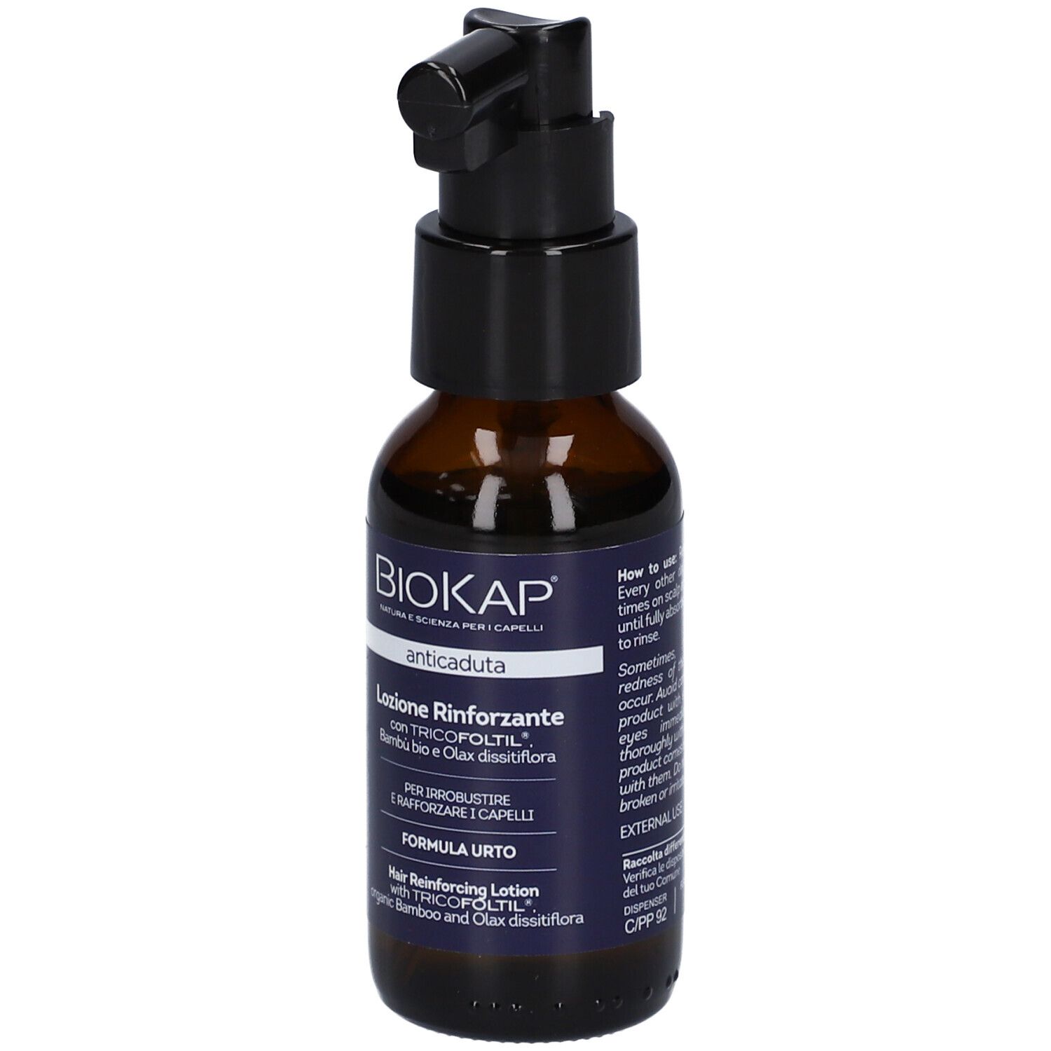 Flacone in vetro marrone con pompa per lozione rinforzante capelli, marca Biokap.