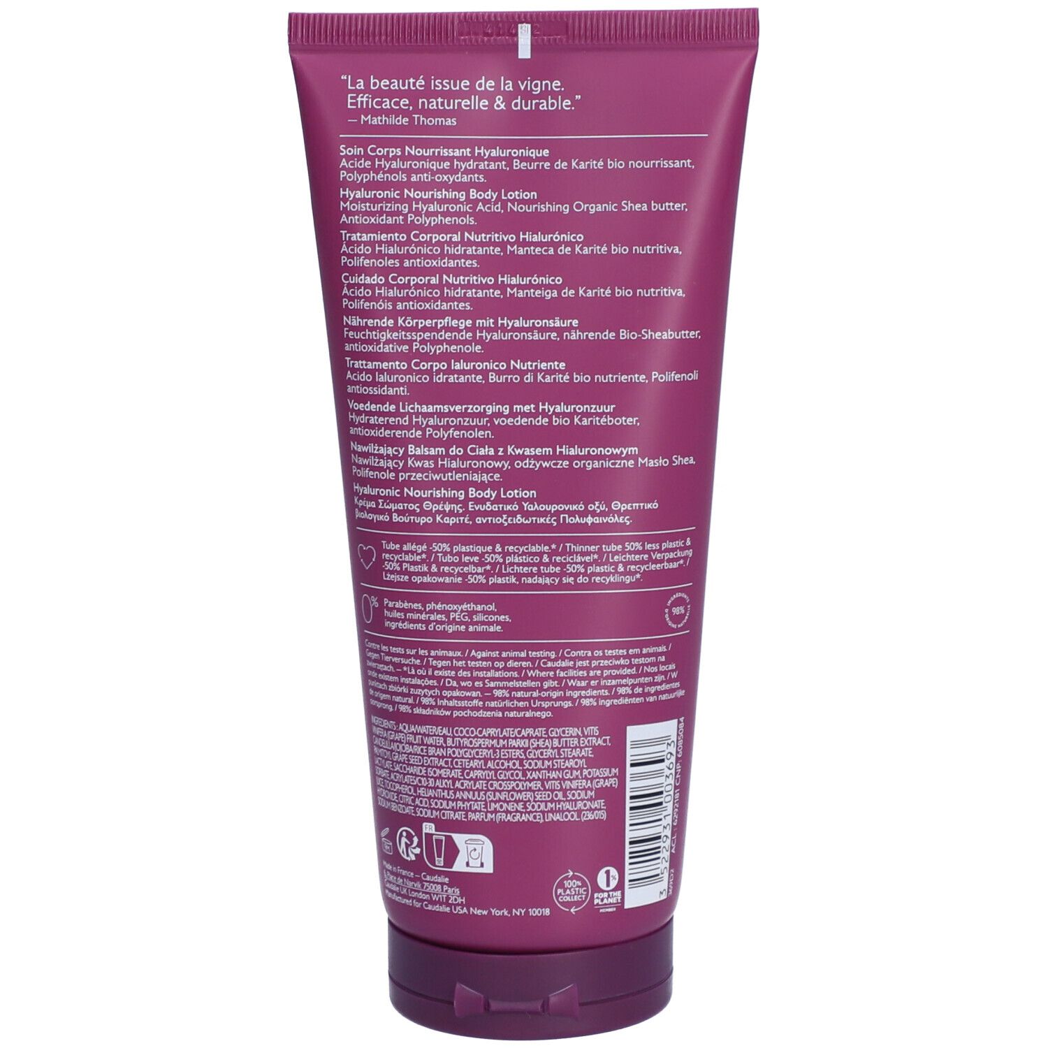 Retro del tubo con informazioni e ingredienti. Colore viola.