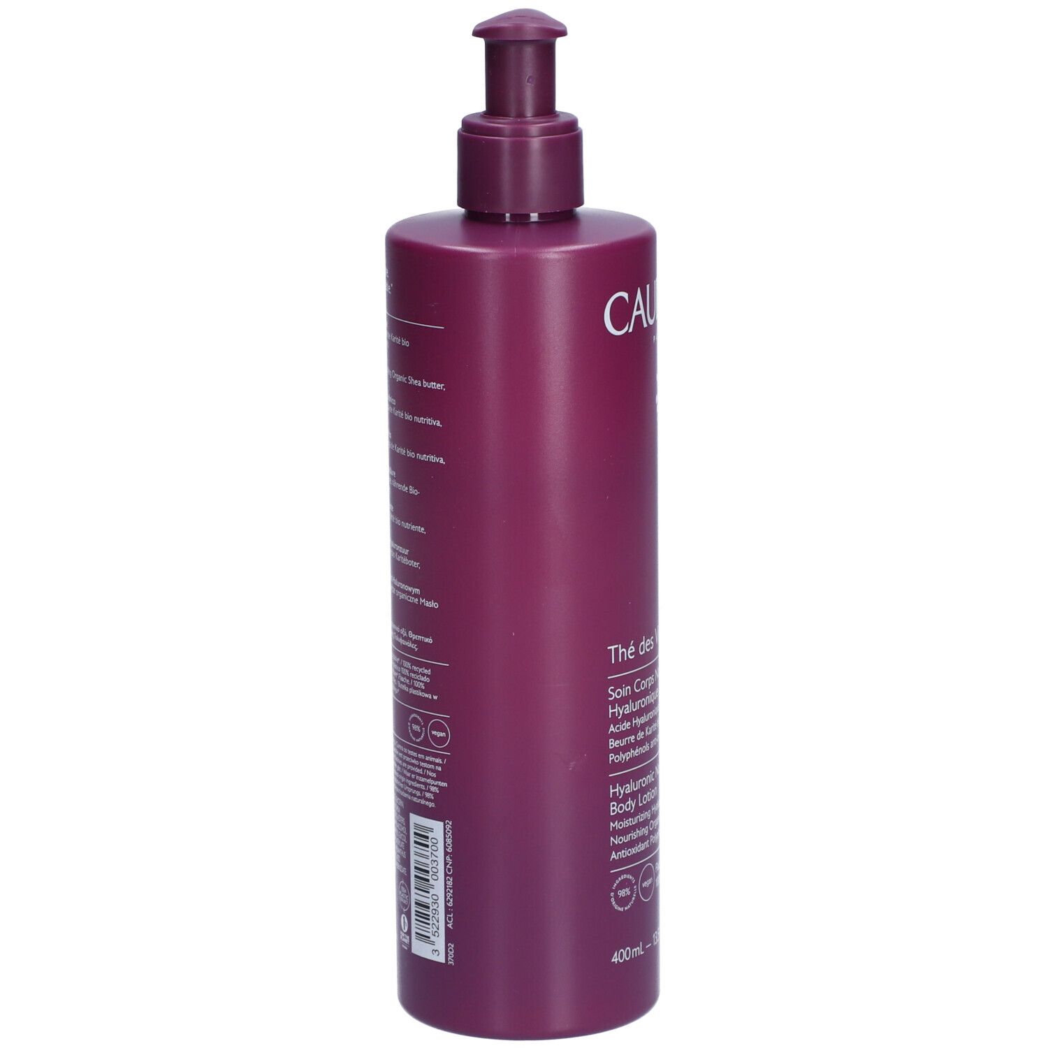 Flacone viola con dosatore. Caudalie Thé des Vignes Body Lotion. Retro con testo. 400ml.