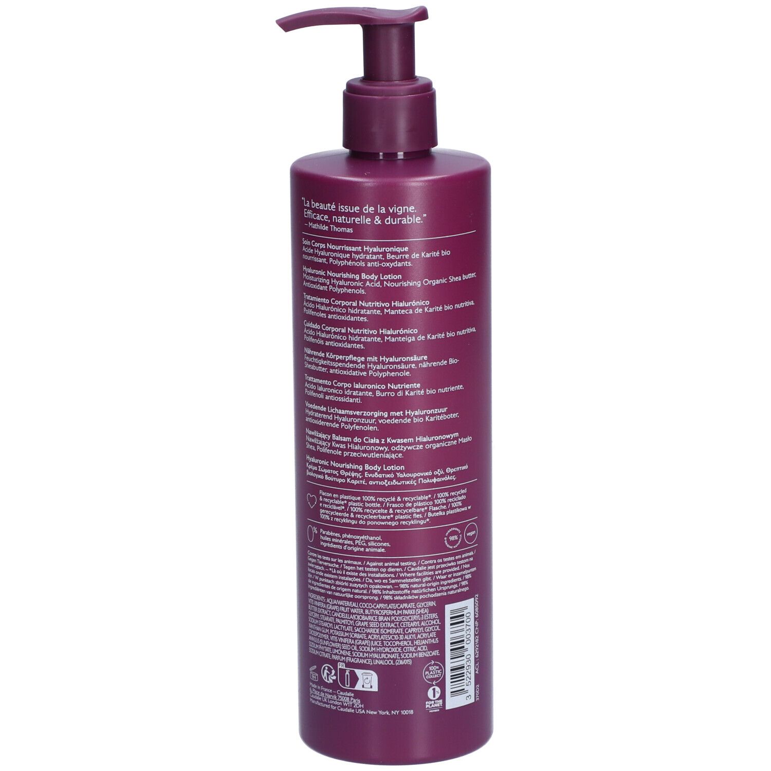 Flacone viola con dosatore. Caudalie Thé des Vignes Body Lotion. Retro con testo. 400ml.