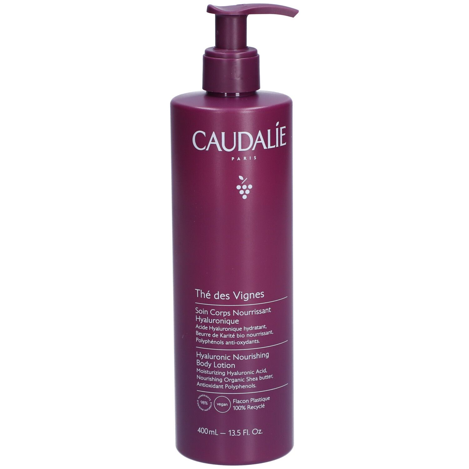 Flacone con dosatore. Caudalie Thé des Vignes Body Lotion. Flacone viola con testo bianco. 400ml.