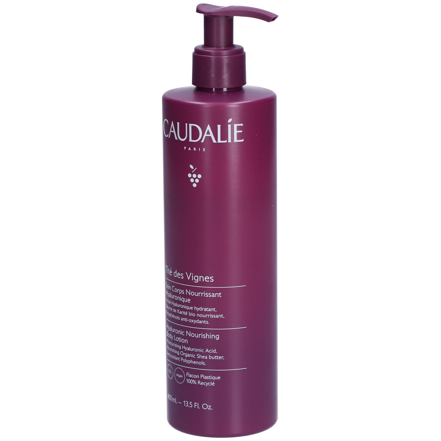 Flacone con dosatore. Caudalie Thé des Vignes Body Lotion. Flacone viola con testo bianco. 400ml.