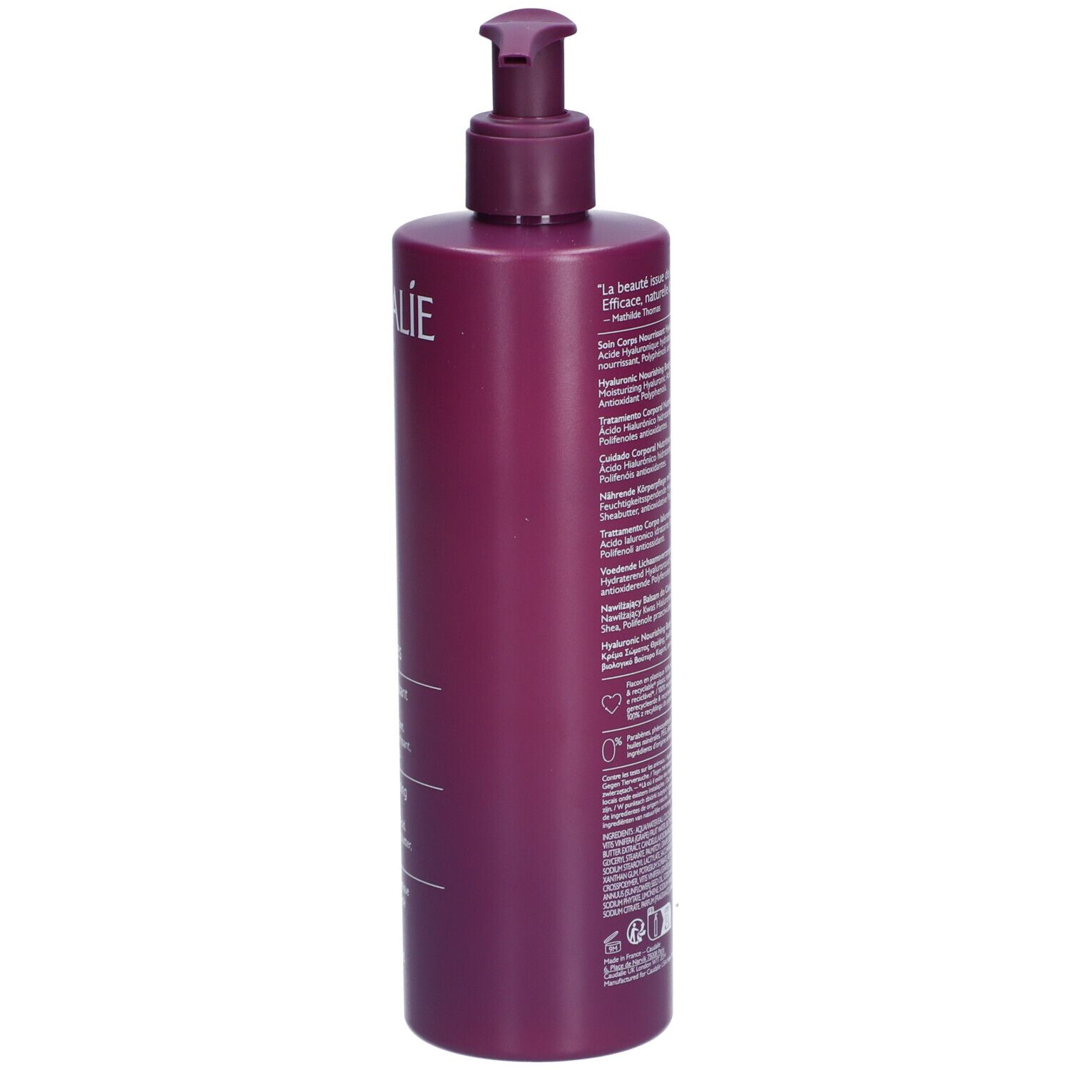 Flacone viola con dosatore. Caudalie Thé des Vignes Body Lotion. Retro con testo. 400ml.