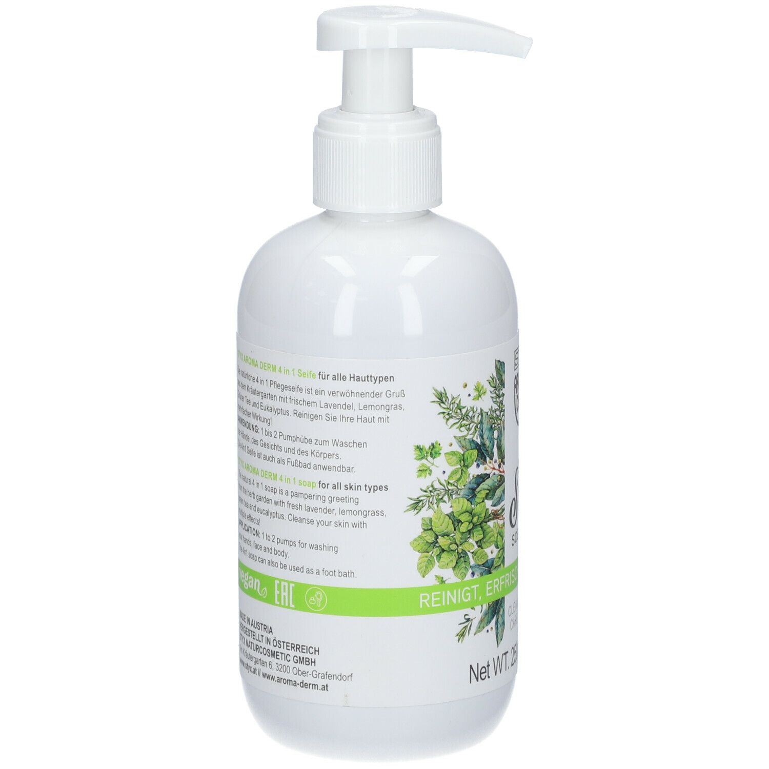 Flacone bianco con dosatore. Etichetta con testo e motivo erbe. Testo: 4in1 per tutti i tipi di pelle. Ingredienti. Certificazione vegana.