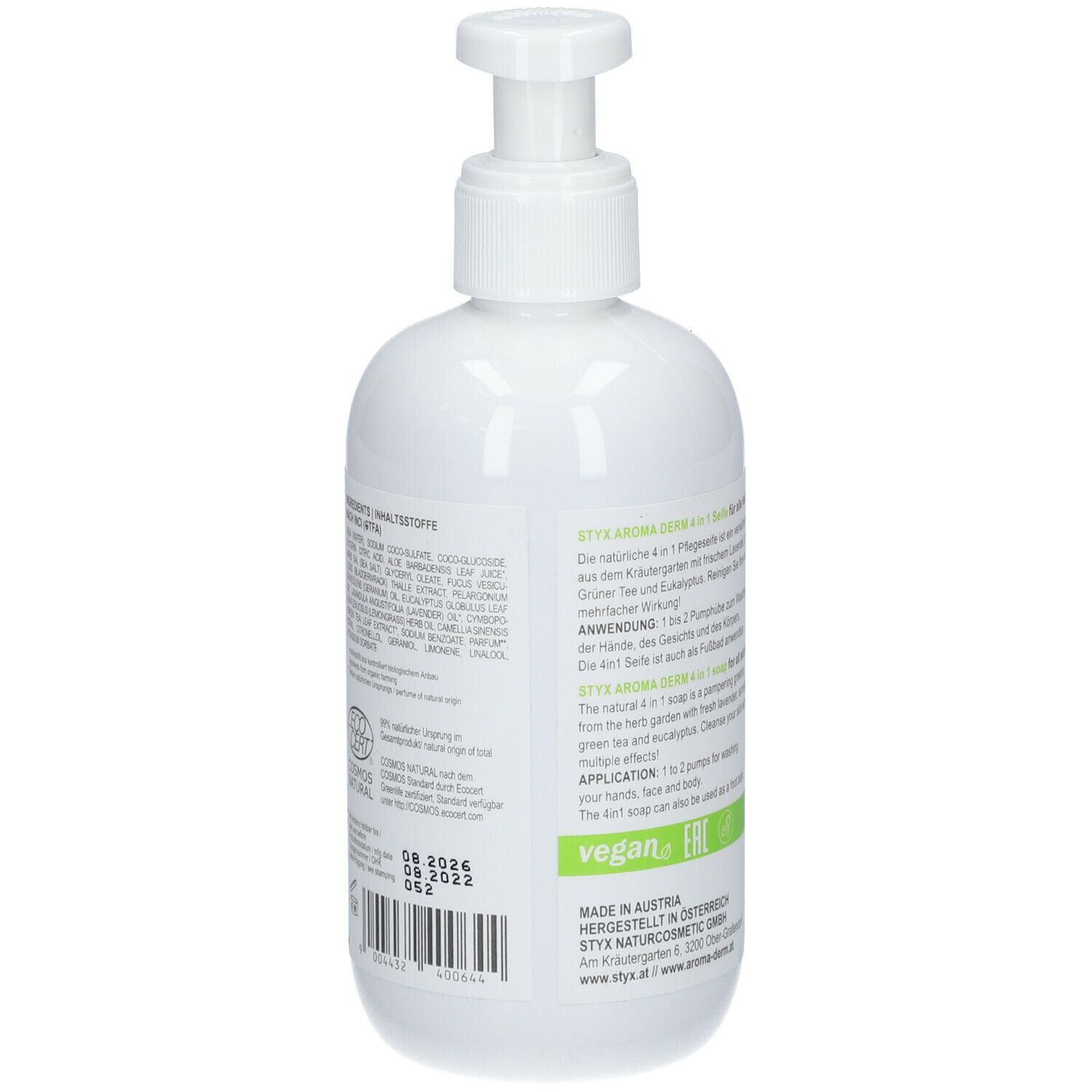 Retro di un flacone bianco con dosatore. Testo e ingredienti. Certificazione vegana. Data di scadenza.