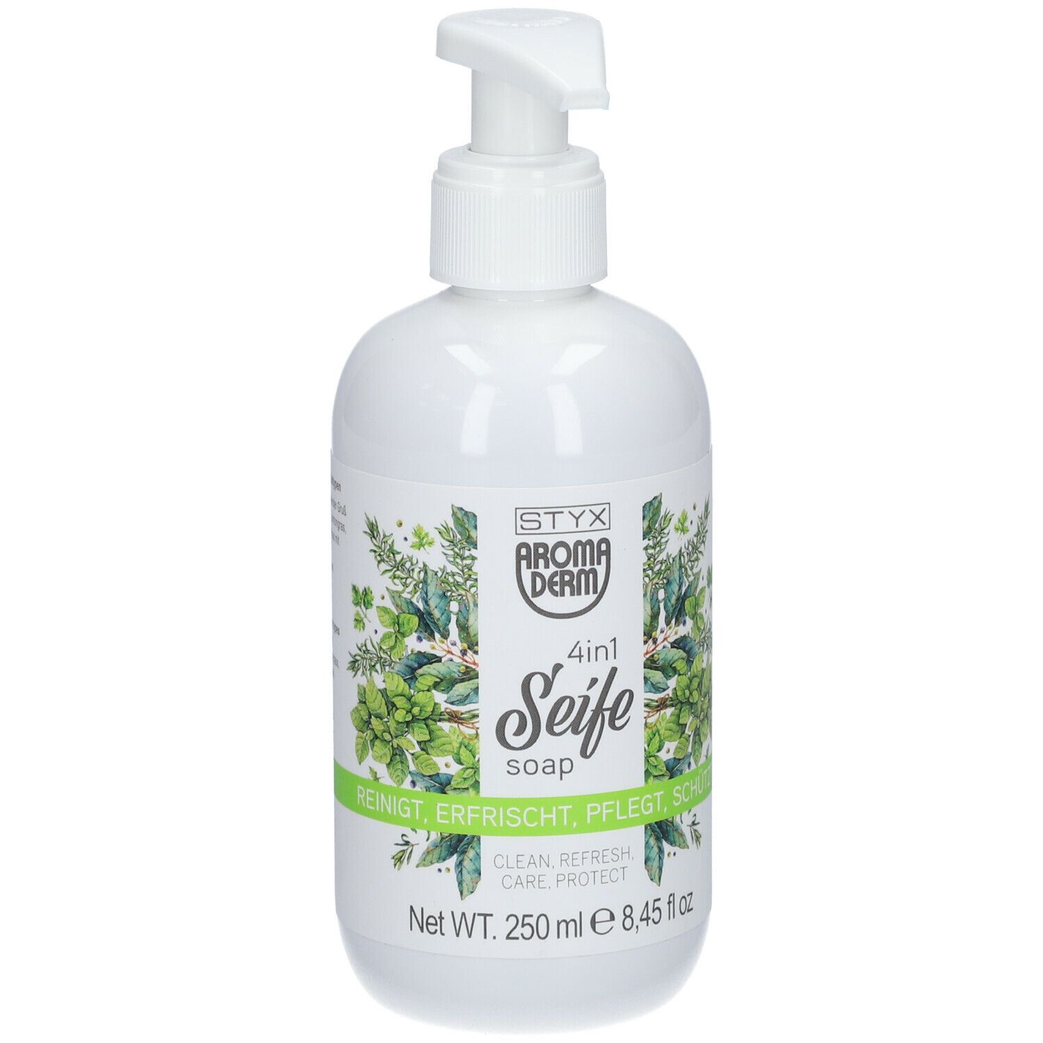 Flacone bianco con dosatore. Etichetta STYX Aroma Derm, 4in1 Seife, motivo erbe. Testo: Pulisce, rinfresca, cura, protegge. 250 ml.