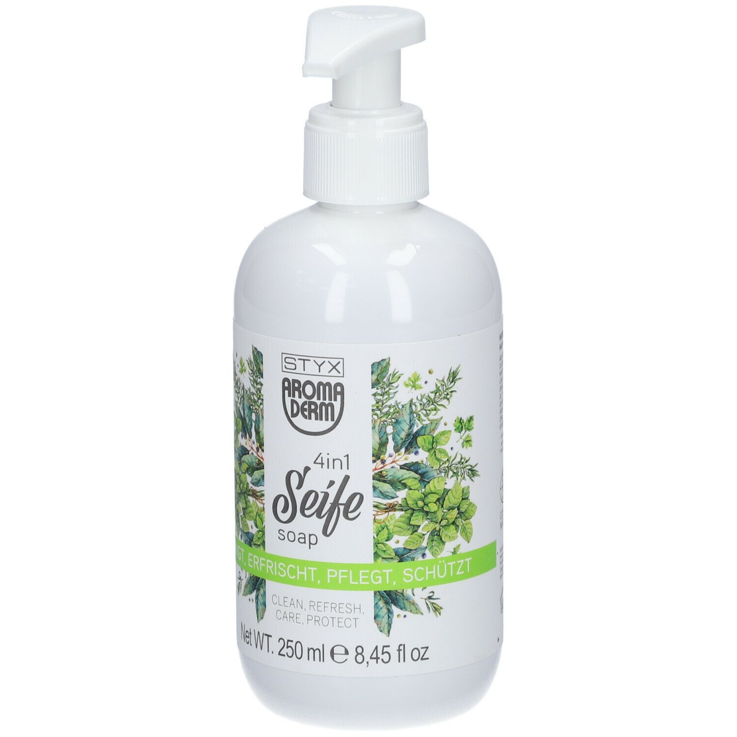 Flacone bianco con dosatore. Etichetta STYX Aroma Derm, 4in1 Seife, motivo erbe. Testo: Pulisce, rinfresca, cura, protegge. 250 ml.
