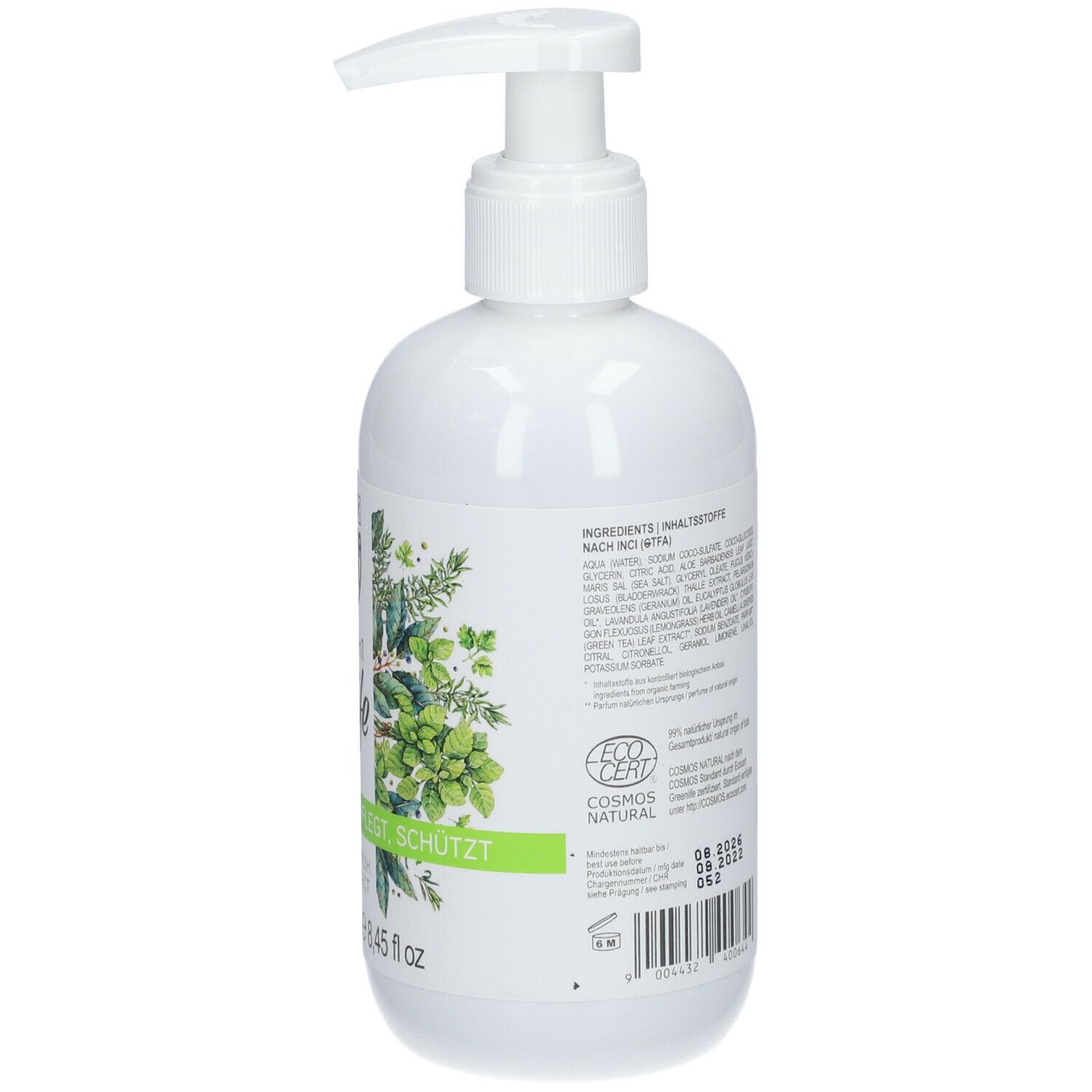 Retro di un flacone bianco con dosatore. Etichetta con testo, motivo erbe e ingredienti. Certificazione EcoCert.