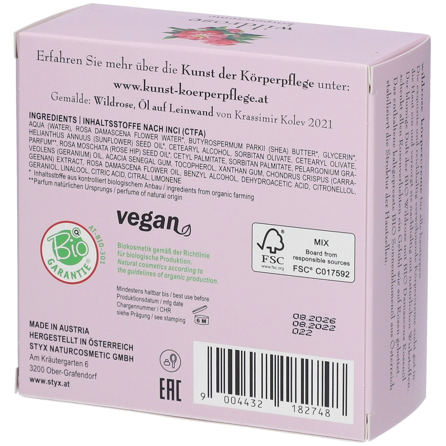 Retro della confezione rosa. Testo: ingredienti, sigillo di garanzia bio, sigillo FSC, data di scadenza.