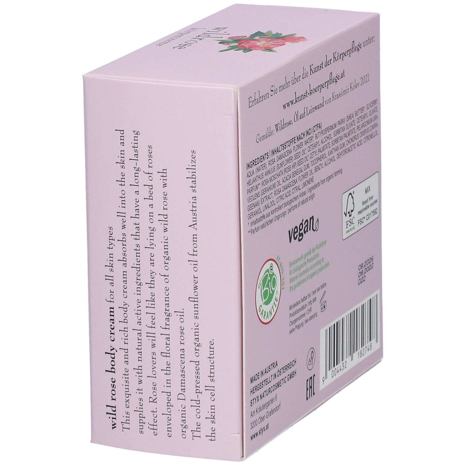 Confezione rosa inclinata. Testo: crema corpo alla rosa selvatica, qualità bio, ingredienti, sigillo FSC.