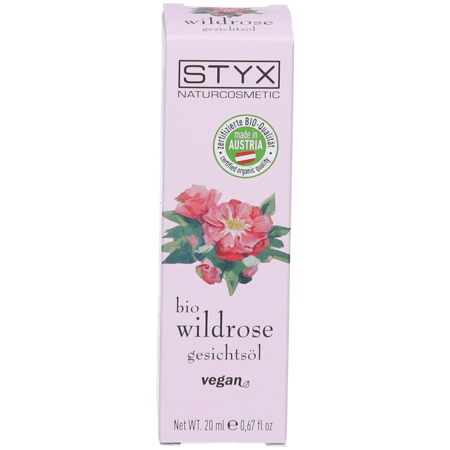 Scatola rosa con logo STYX, illustrazione di rosa selvatica e testo. Sigillo bio e Made in Austria.