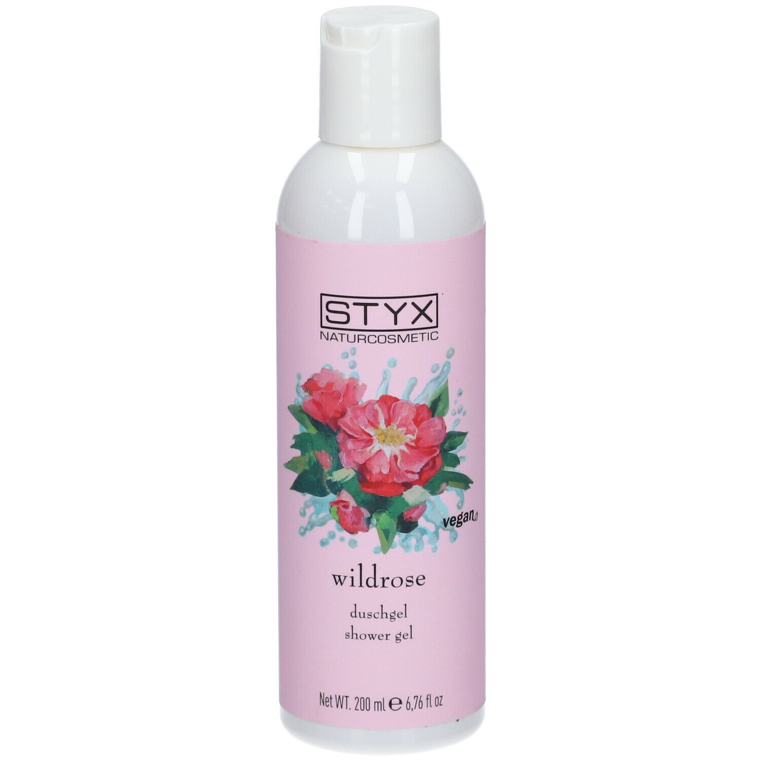 Gel doccia STYX Wildrose. Etichetta rosa con illustrazione di rose. Sigillo vegano. Bottiglia con tappo bianco.