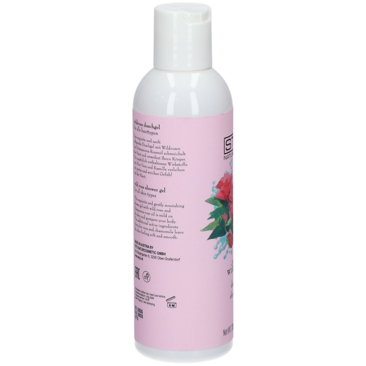 Gel doccia STYX Wildrose. Retro della bottiglia. Testo in tedesco e inglese. Bottiglia bianca con etichetta rosa.