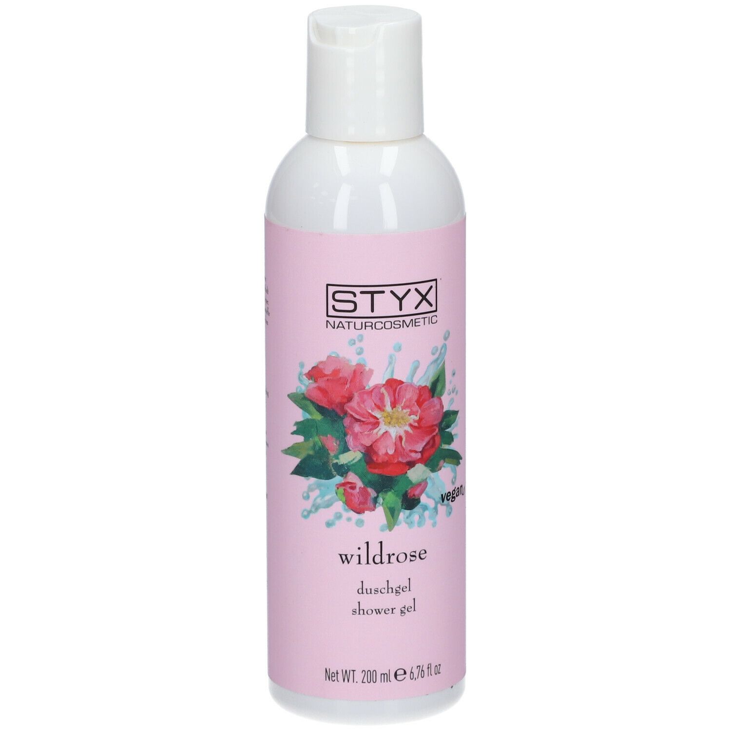 Gel doccia STYX Wildrose. Etichetta rosa con illustrazione di rose. Sigillo vegano. Bottiglia con tappo bianco.