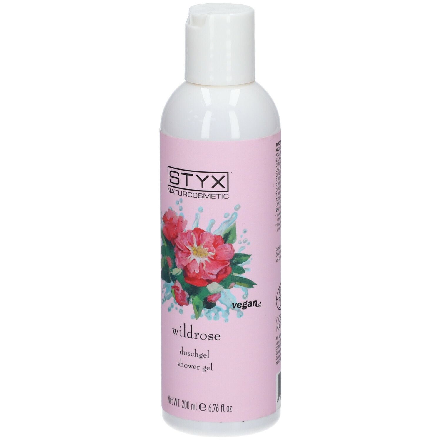 Gel doccia STYX Wildrose. Etichetta rosa con illustrazione di rose. Sigillo vegano. Bottiglia con tappo bianco.