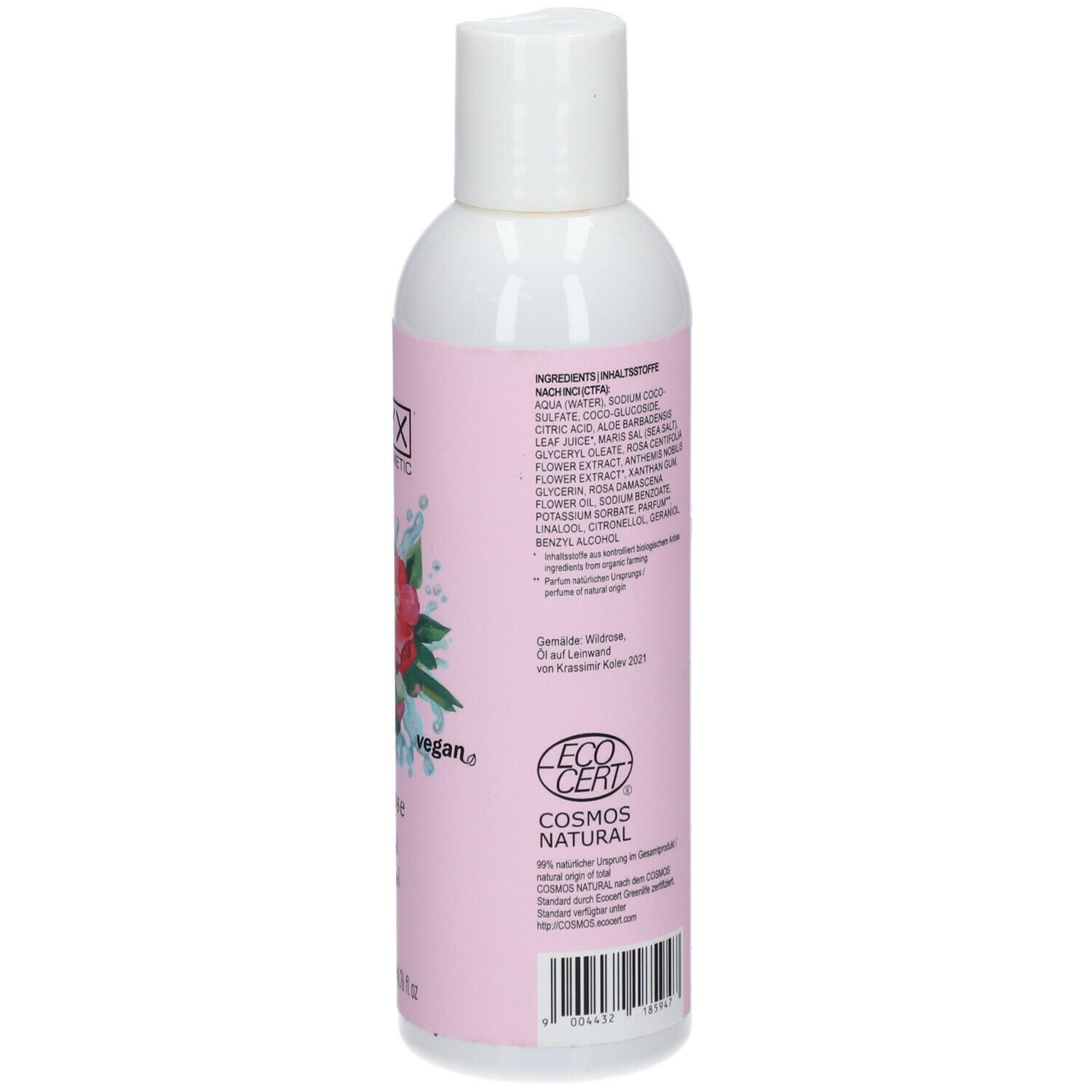 Gel doccia STYX Wildrose. Retro della bottiglia. Ingredienti e certificazione. Bottiglia bianca con etichetta rosa.