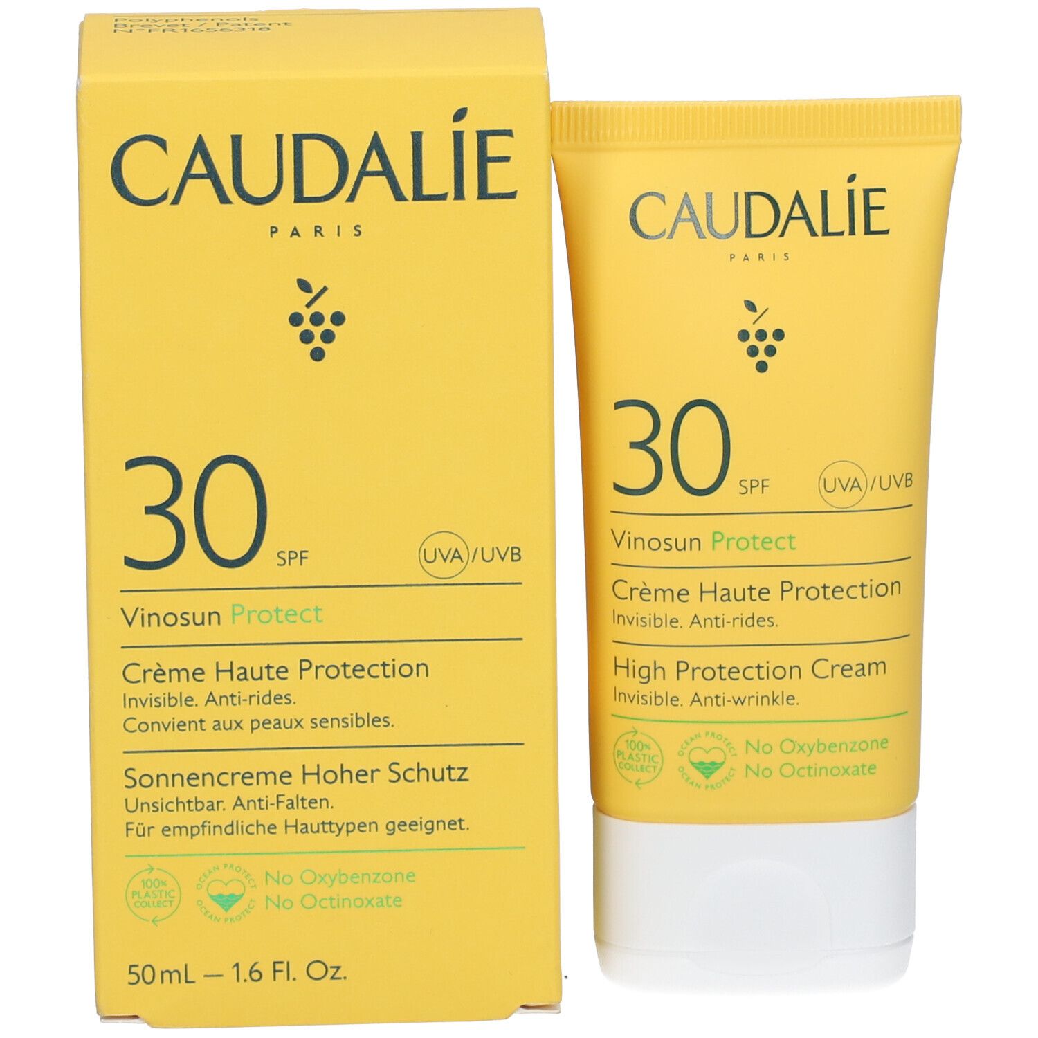 Confezione del prodotto con tubo. Scatola e tubo gialli. Scritta CAUDALIE, 30 SPF, Vinosun Protect. Testo in tedesco e inglese.
