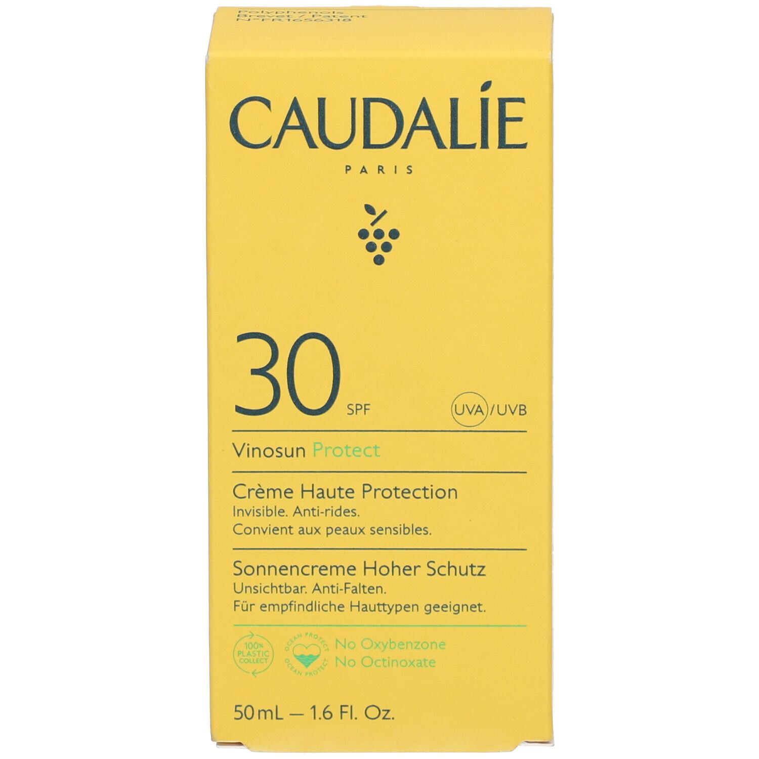 Scatola gialla con scritta CAUDALIE, 30 SPF, Vinosun Protect. Testo in tedesco e inglese. Marchio CAUDALIE.
