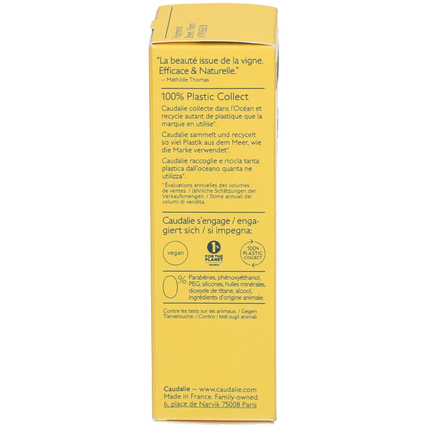 Retro della scatola gialla. Testo multilingue. Informazioni sul marchio CAUDALIE.