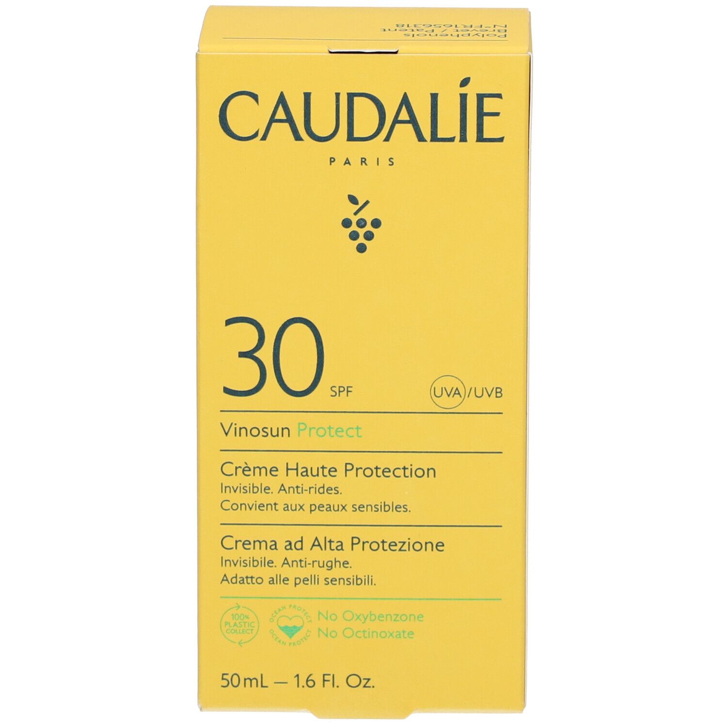 Scatola gialla con scritta CAUDALIE, 30 SPF, Vinosun Protect. Testo in francese e italiano. Marchio CAUDALIE.