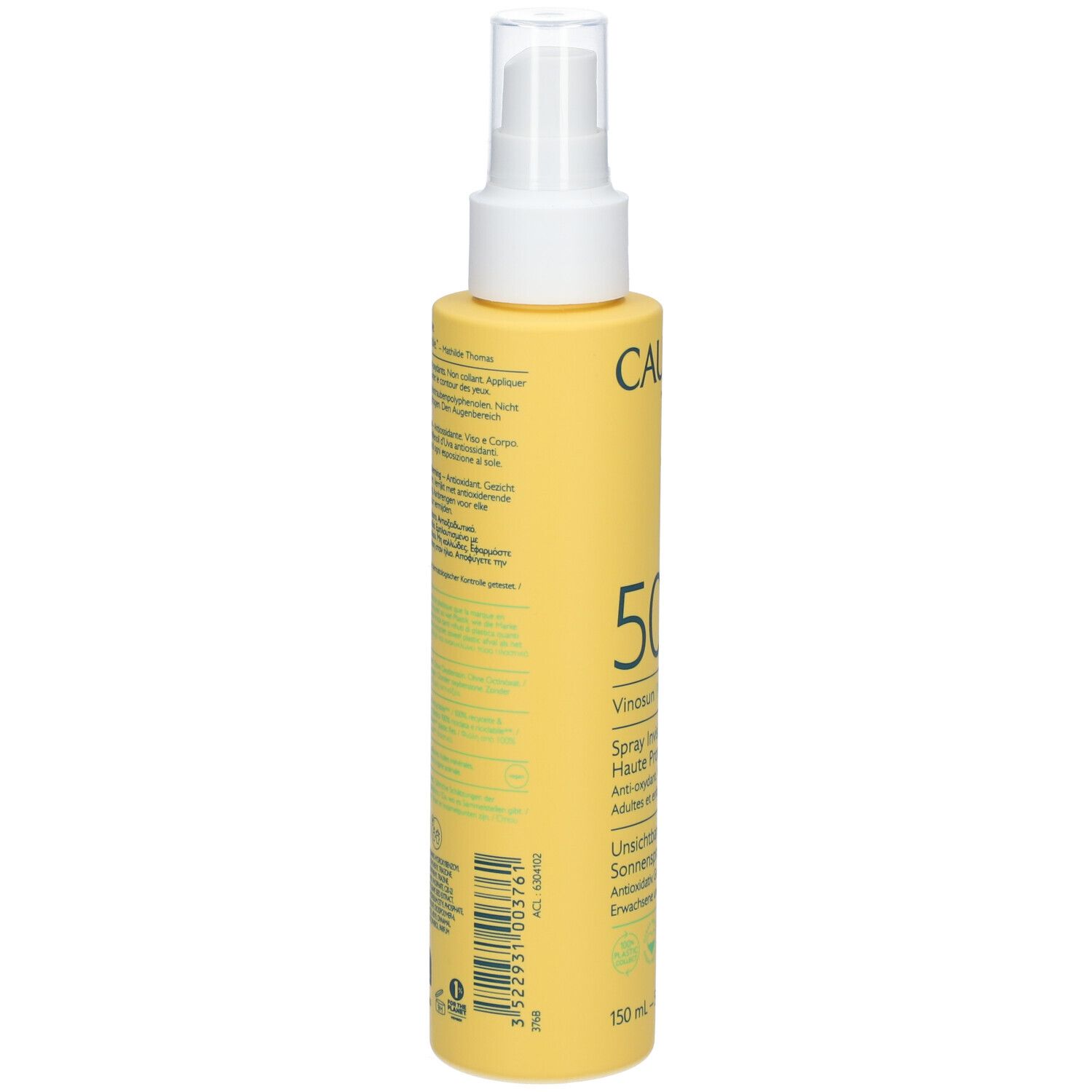 Retro di un flacone spray giallo con testo. Scritte: CAUDALIE, Vinosun Protect, protezione solare, 150 ml.