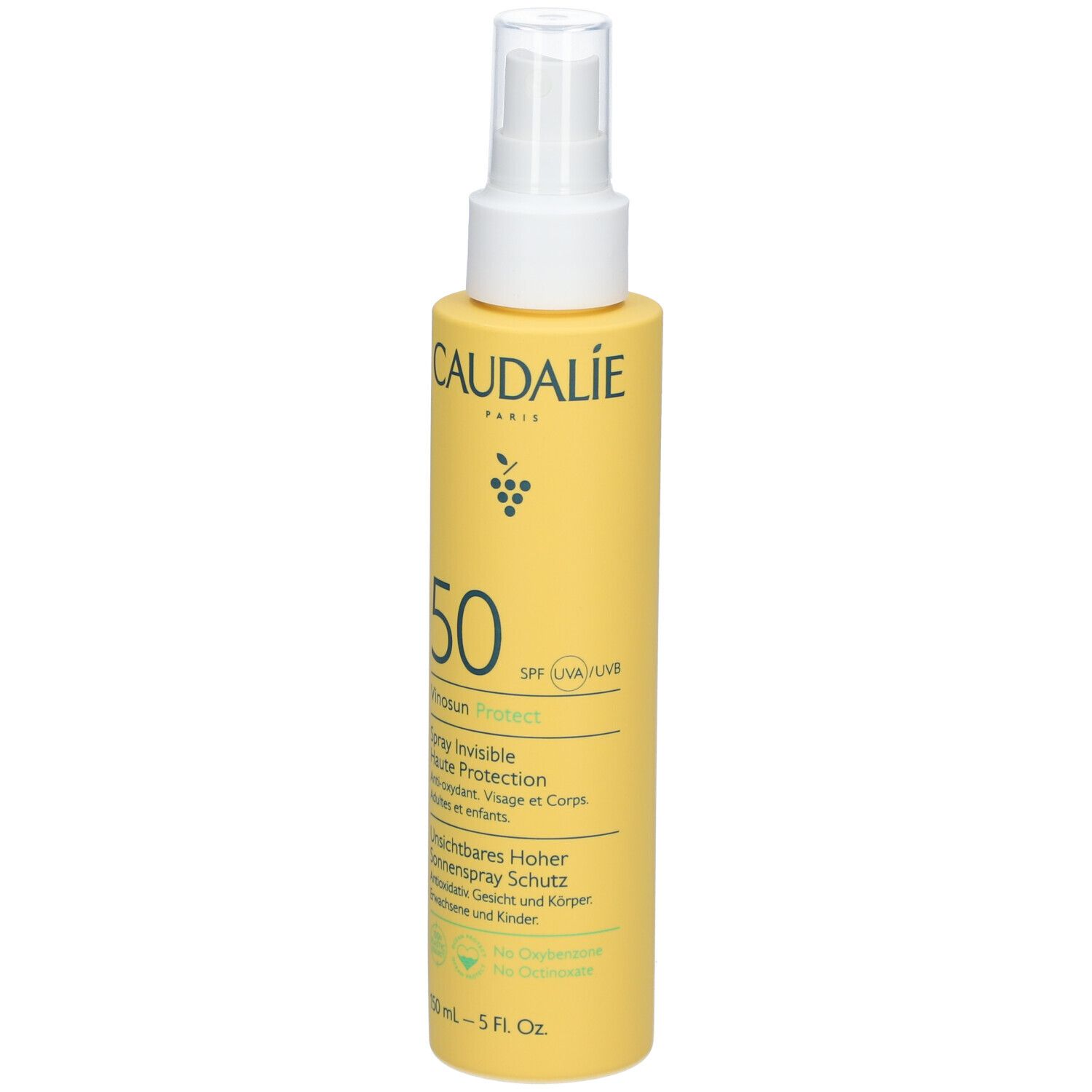 Flacone spray giallo con erogatore bianco. Scritte: CAUDALIE, 50, Vinosun Protect, spray invisibile, protezione solare.