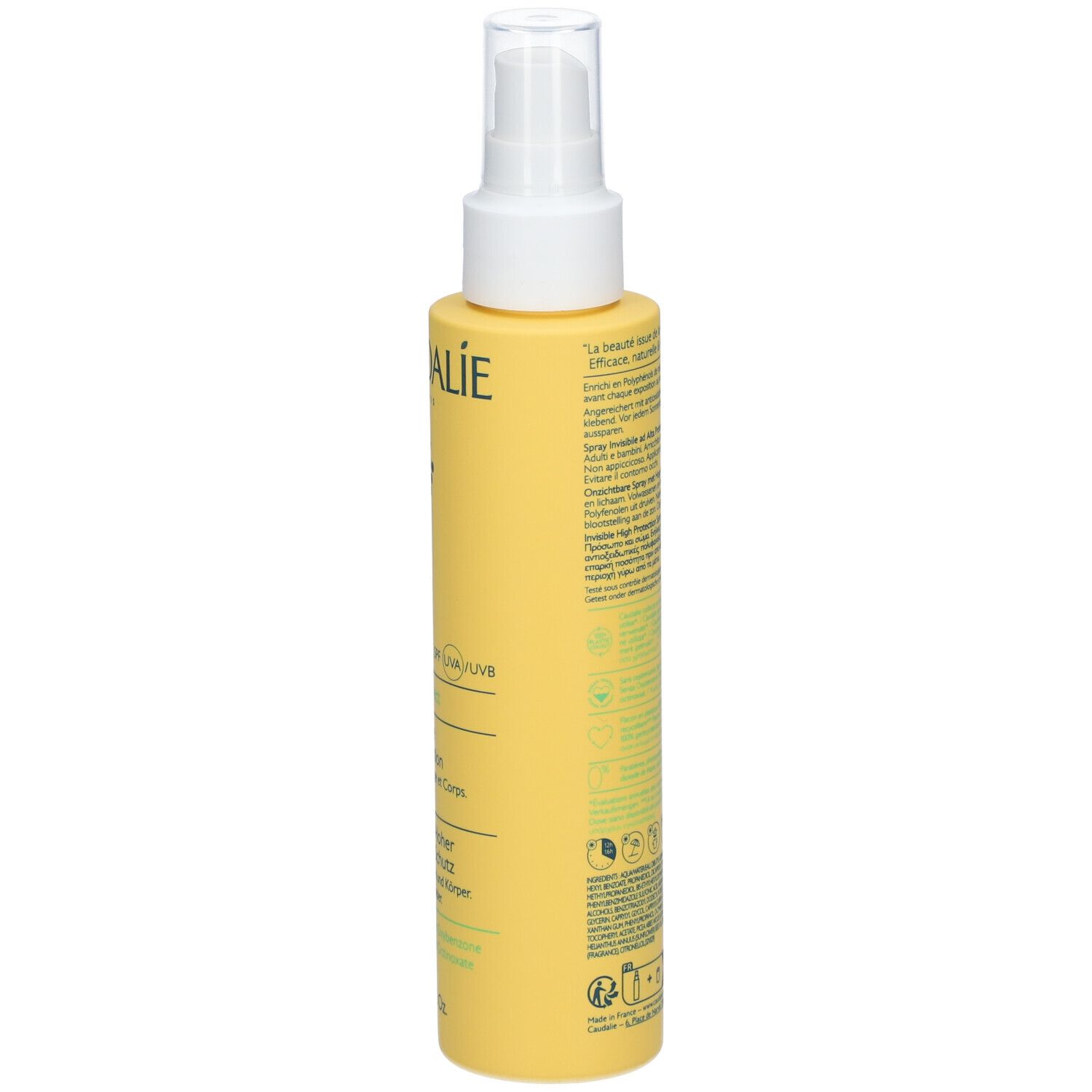 Retro di un flacone spray giallo con testo. Scritte: CAUDALIE, Vinosun Protect, protezione solare, 150 ml.