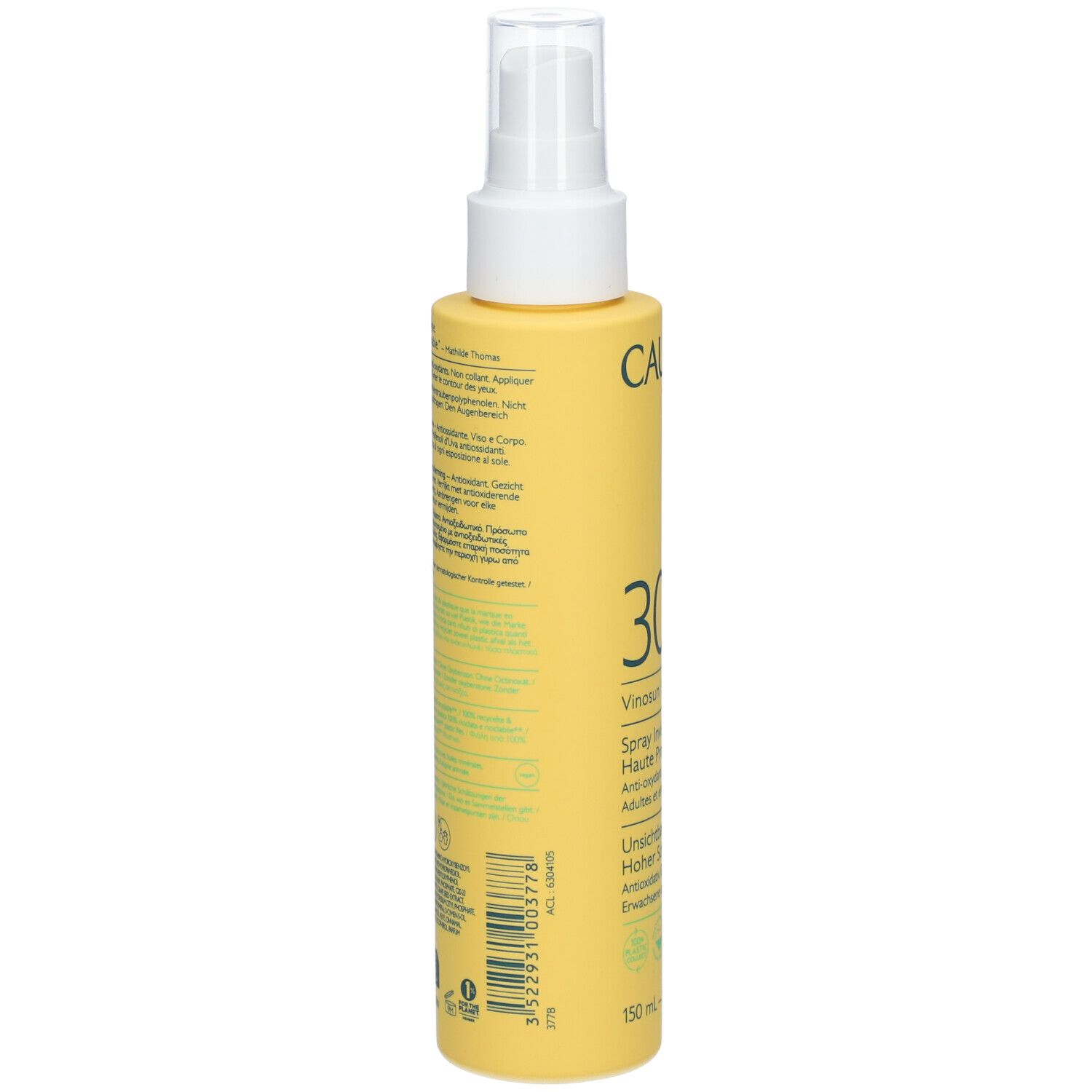 Flacone spray giallo con erogatore bianco. Retro con informazioni sul prodotto e codice a barre. CAUDALIE Vinosun Protect.