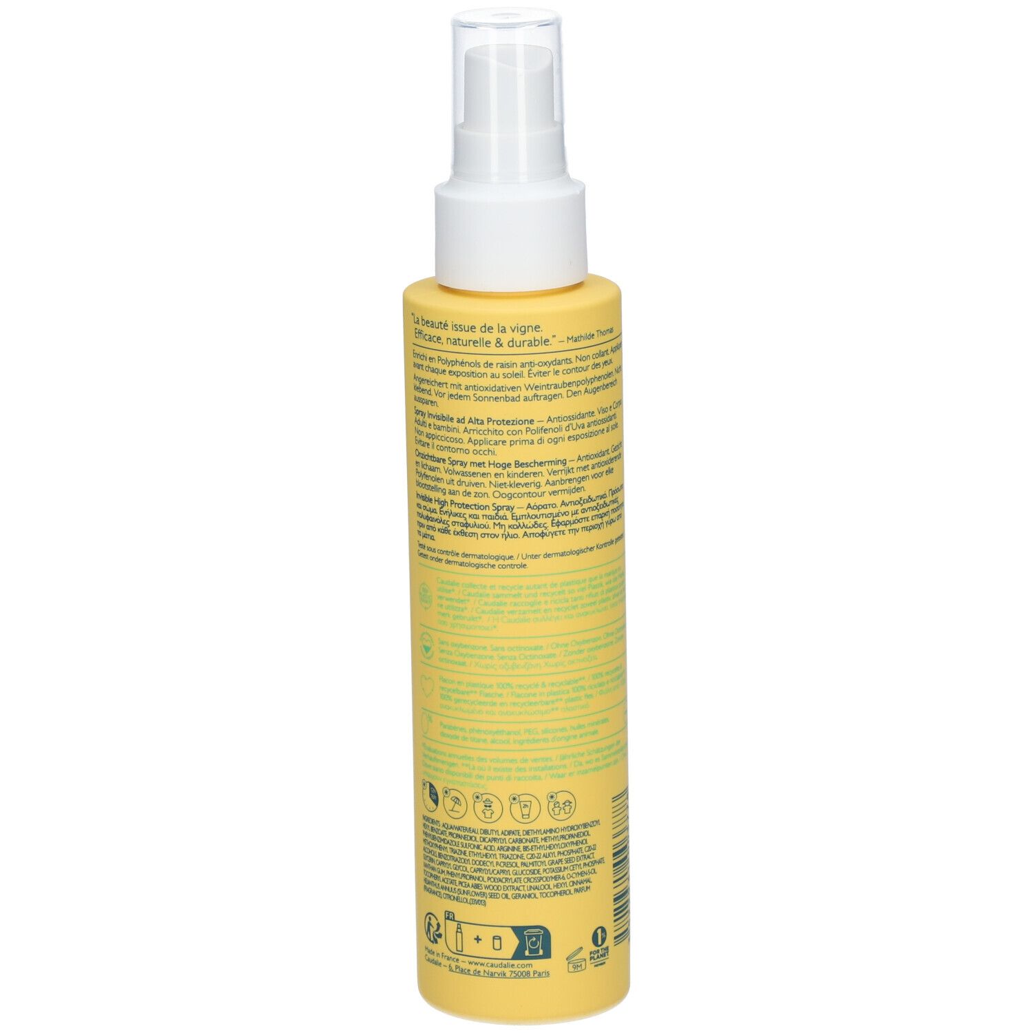 Flacone spray giallo con erogatore bianco. Retro con informazioni sul prodotto e loghi. CAUDALIE Vinosun Protect.