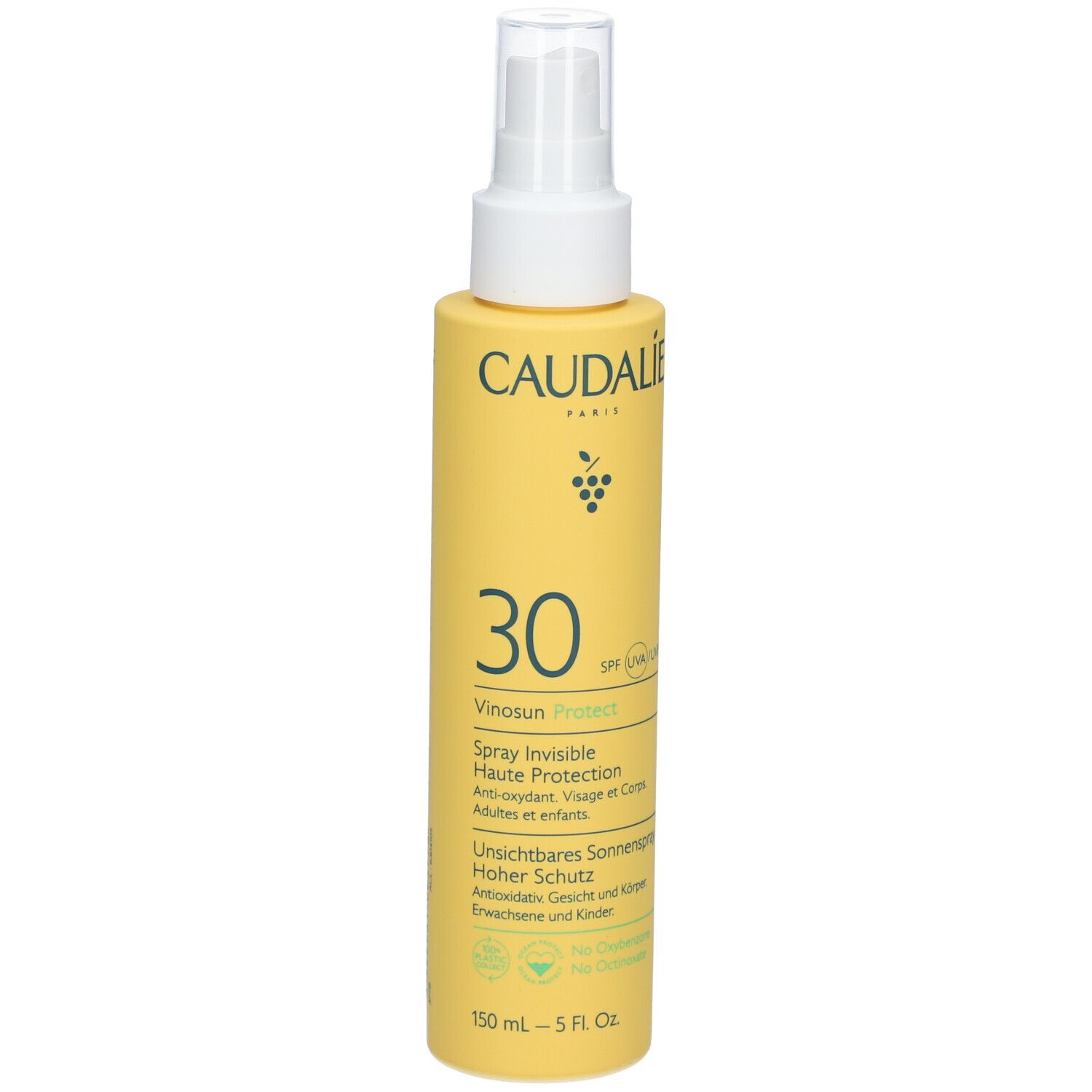 Flacone spray giallo con erogatore bianco. Scritta: CAUDALIE, 30, Vinosun Protect. Spray solare per viso e corpo.