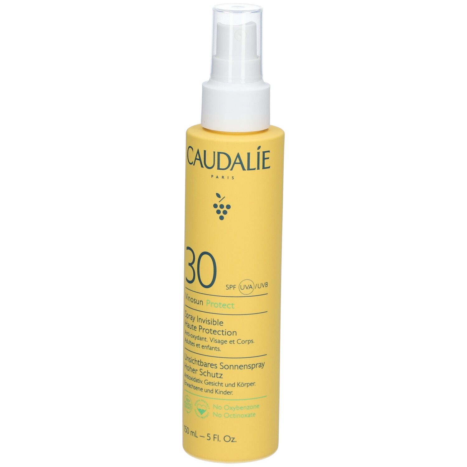 Flacone spray giallo con erogatore bianco. Scritta: CAUDALIE, 30, Vinosun Protect. Spray solare per viso e corpo.