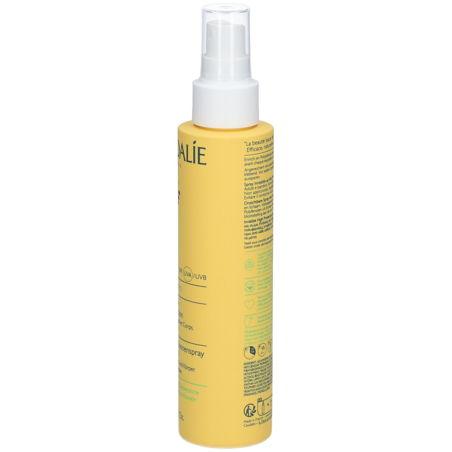 Flacone spray giallo con erogatore bianco. Retro con informazioni sul prodotto e loghi. CAUDALIE Vinosun Protect.