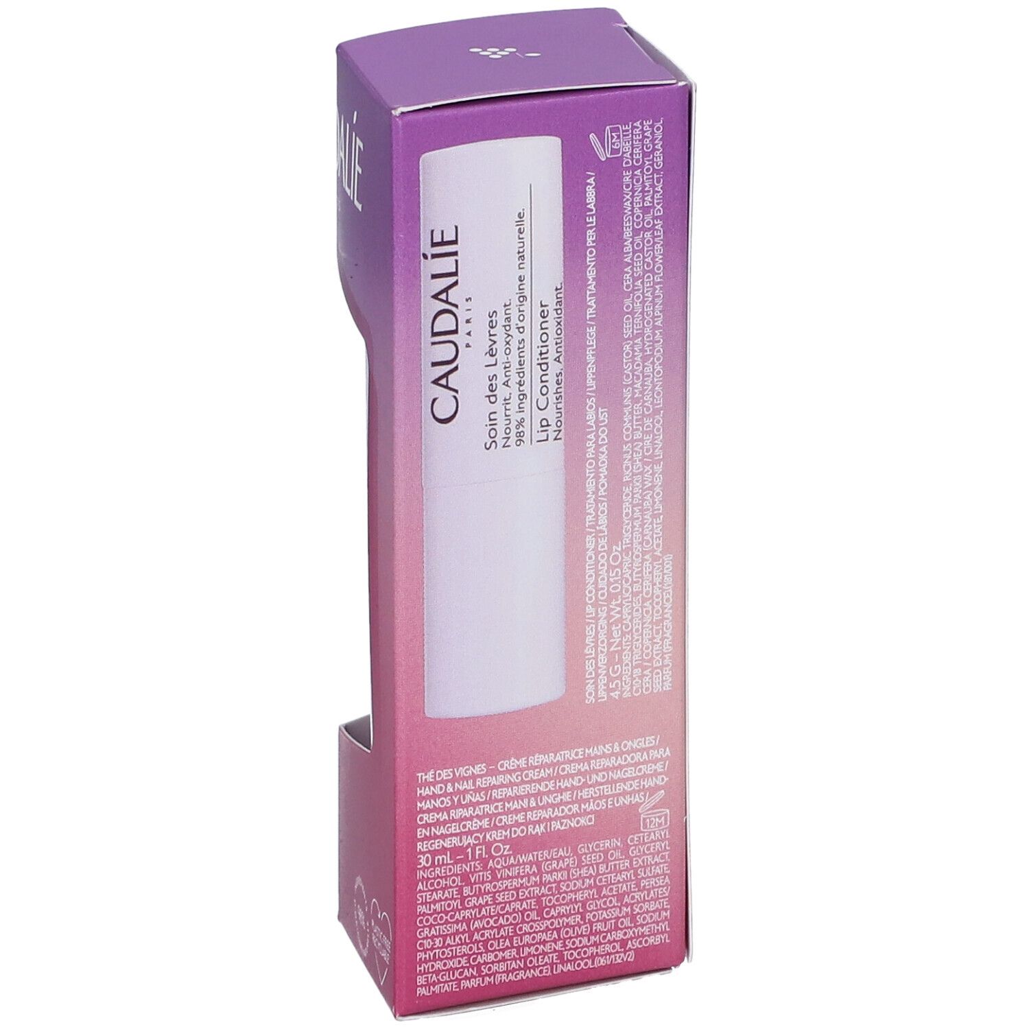 Balsamo labbra CAUDALIE in confezione. 98% ingredienti di origine naturale.