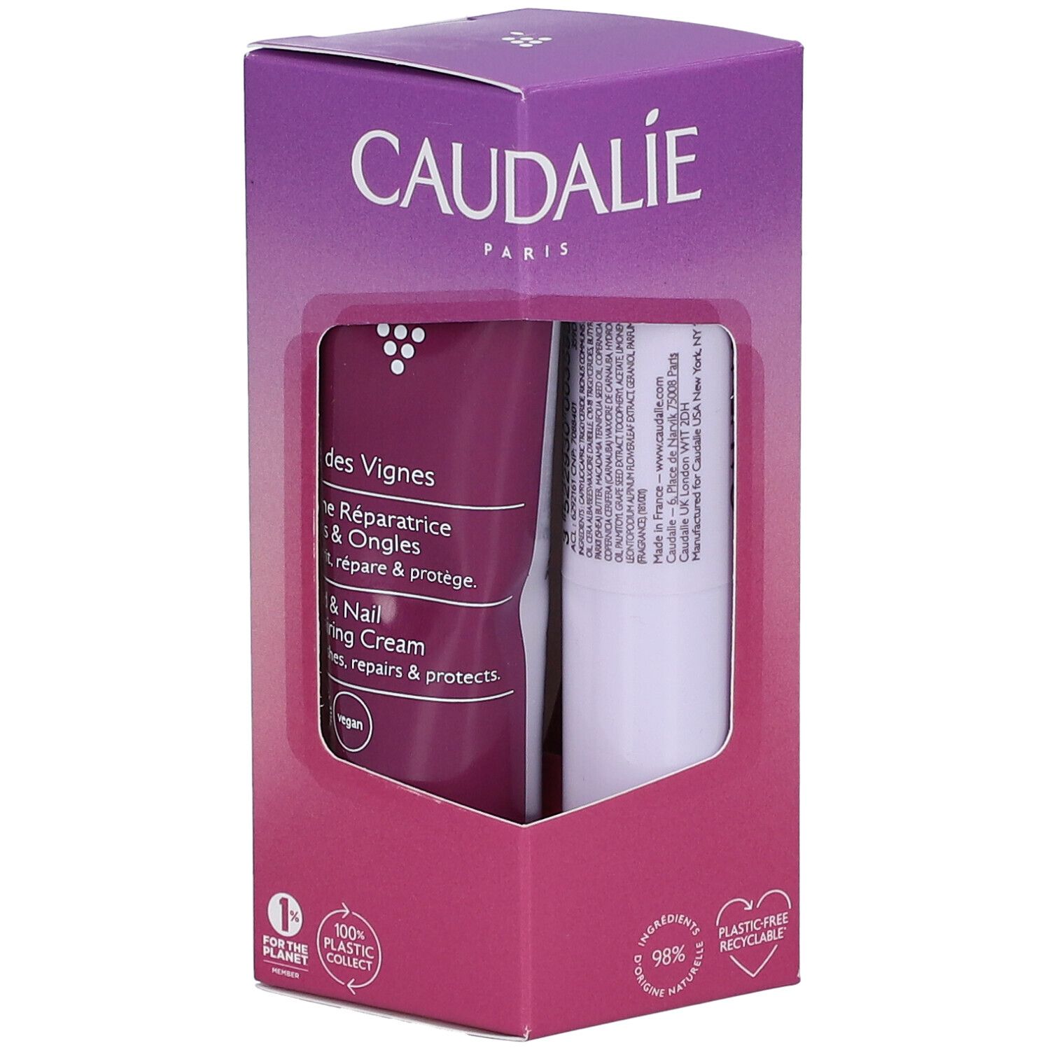 Confezione CAUDALIE con crema riparatrice unghie e balsamo labbra. Imballaggio riciclabile e senza plastica.