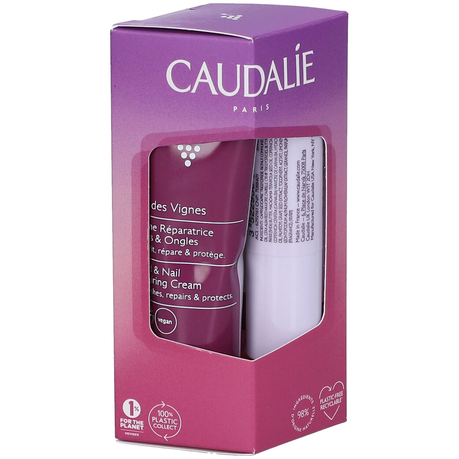 Confezione CAUDALIE con crema riparatrice unghie e balsamo labbra. Imballaggio riciclabile e senza plastica.