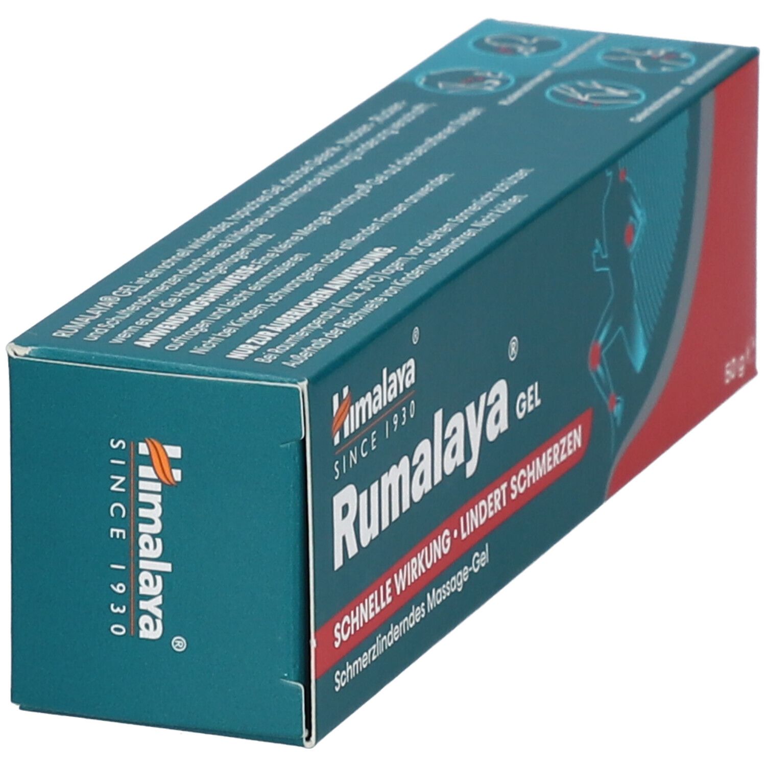 Confezione di gel Himalaya Rumalaya. Verde e rosso, con nome e logo del prodotto. Contiene 50 g.