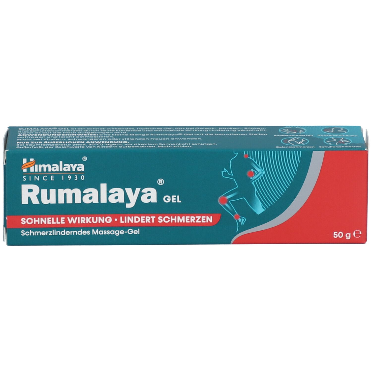Confezione di gel Himalaya Rumalaya. Verde e rosso, con nome e logo del prodotto. Contiene 50 g.
