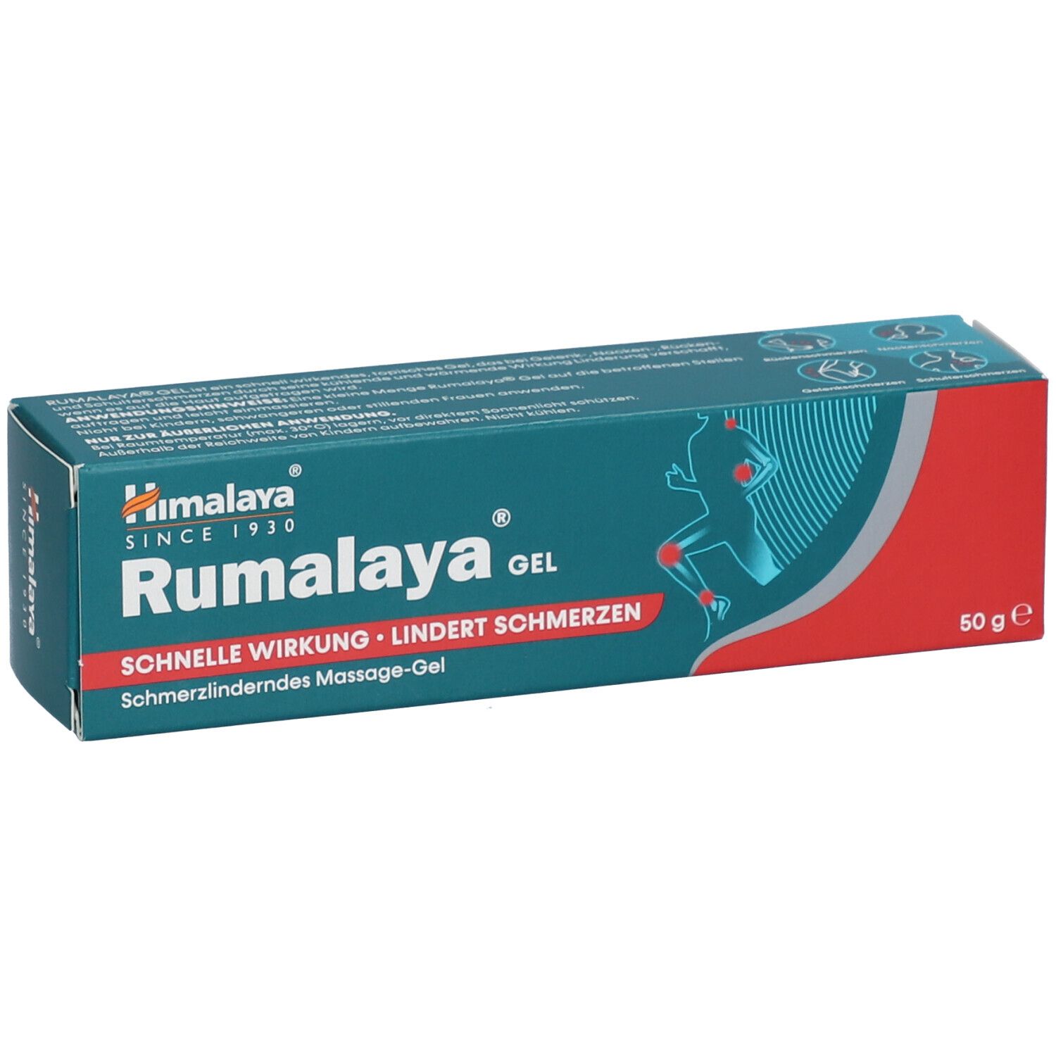 Confezione di gel Himalaya Rumalaya. Verde e rosso, con nome e logo del prodotto. Contiene 50 g.