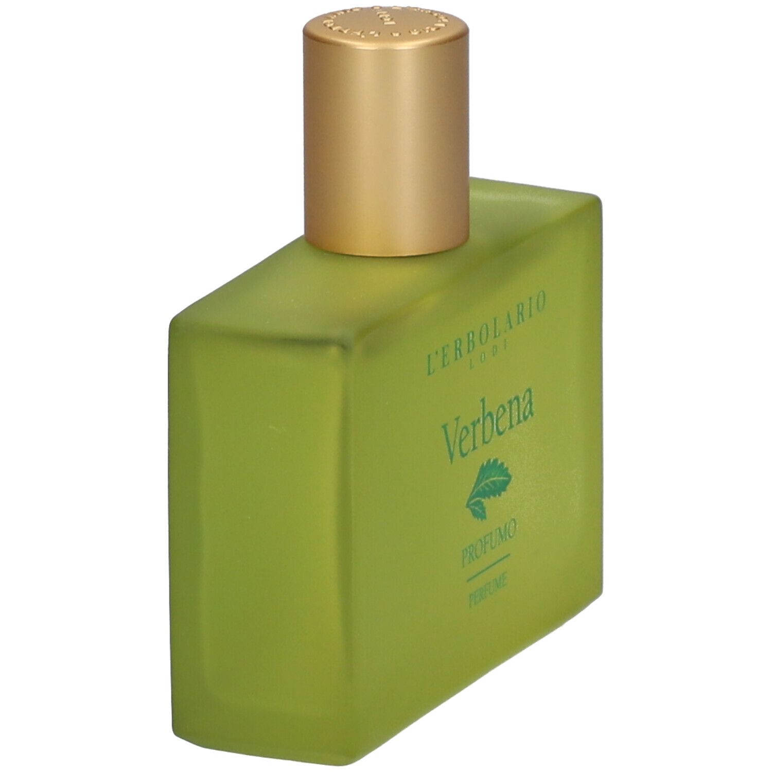 Flacone di profumo verde con tappo dorato, vista laterale. Scritta: Verbena.