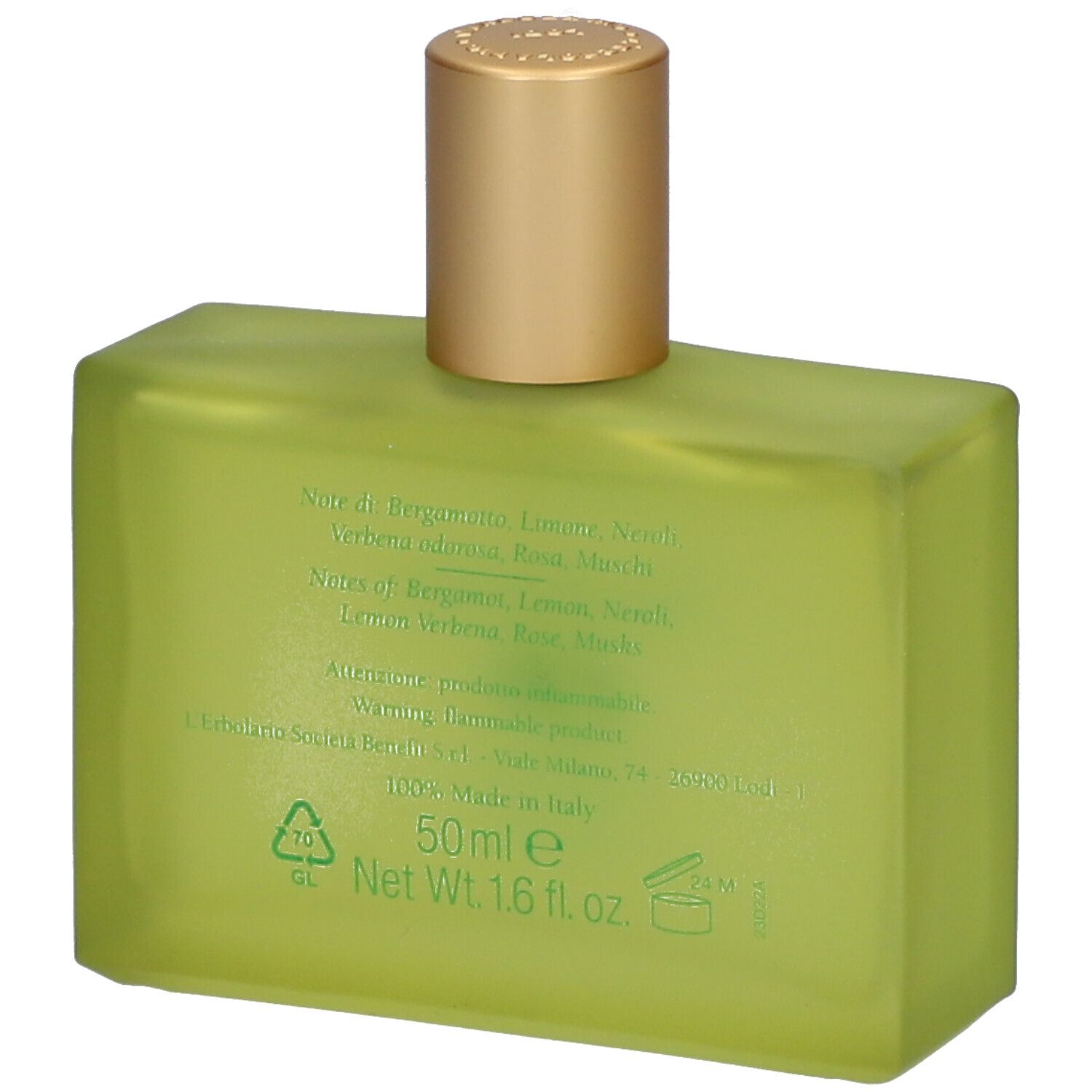 Flacone di profumo verde con tappo dorato, retro con informazioni e volume.