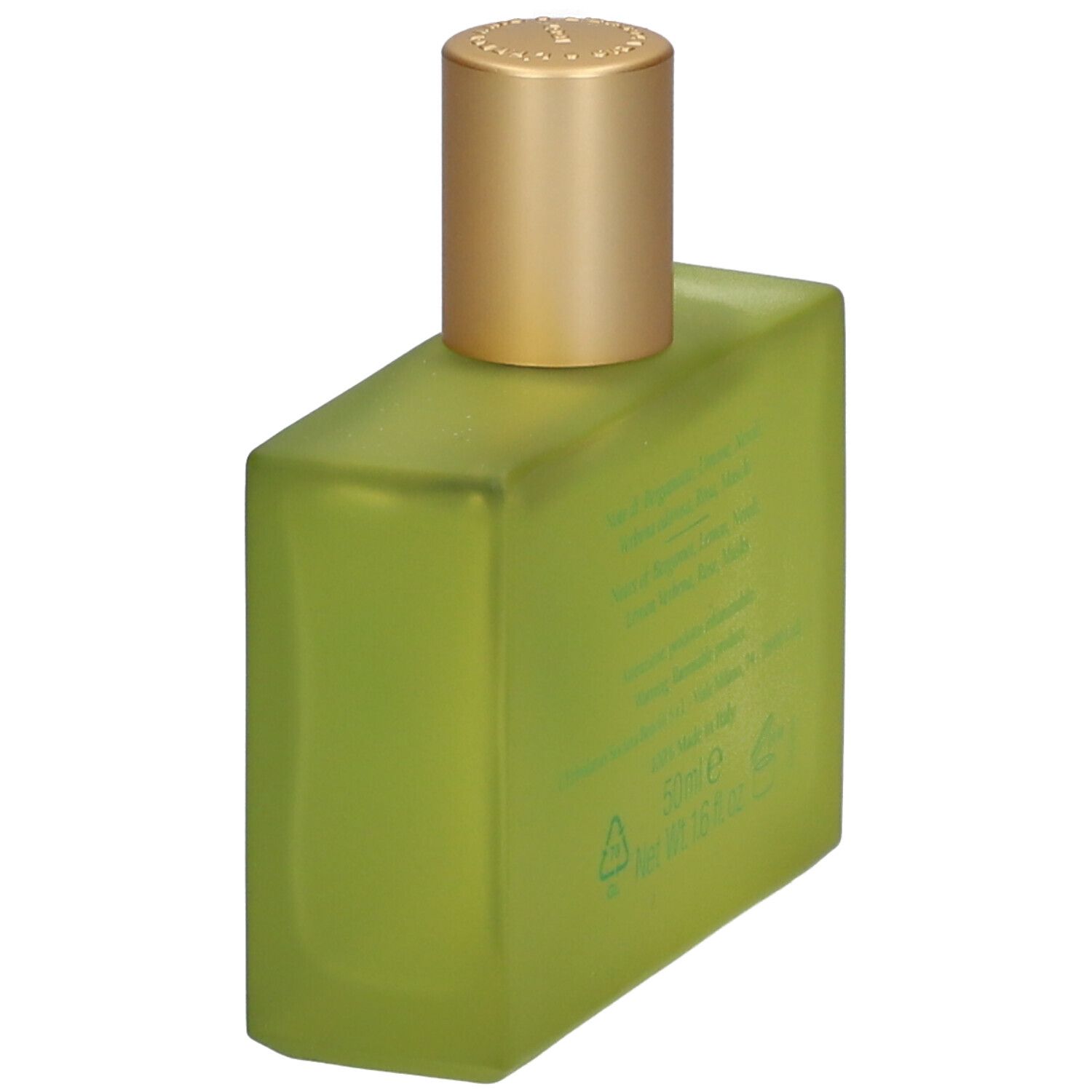 Flacone di profumo verde con tappo dorato, vista posteriore con informazioni.